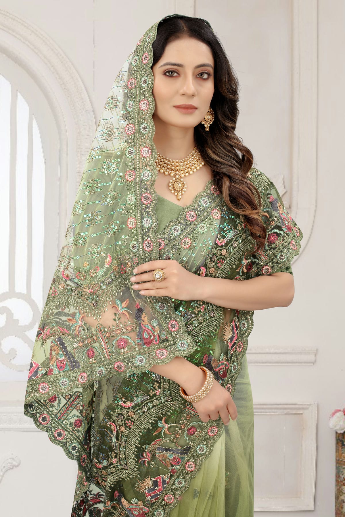 Mehendi Green Colour Net Designer Saree VSLC1121365