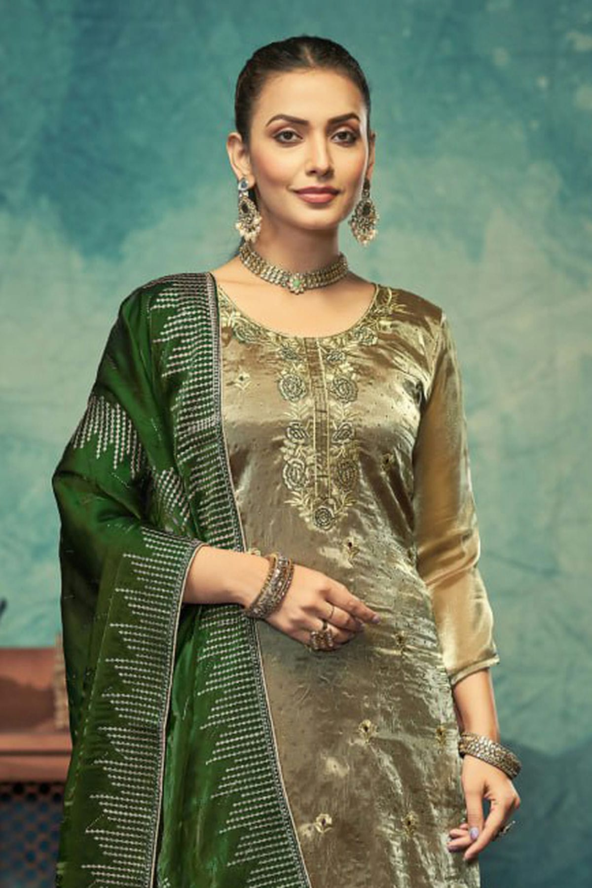 Mehendi Green Colour Semi Stitched Jimmy Choo Pant Style Suit VSSM1140507