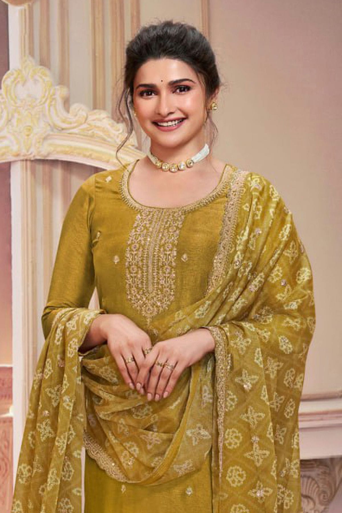 Mehendi Green Colour Semi Stitched Silk Georgette Pant Style Suit VSSM1140503