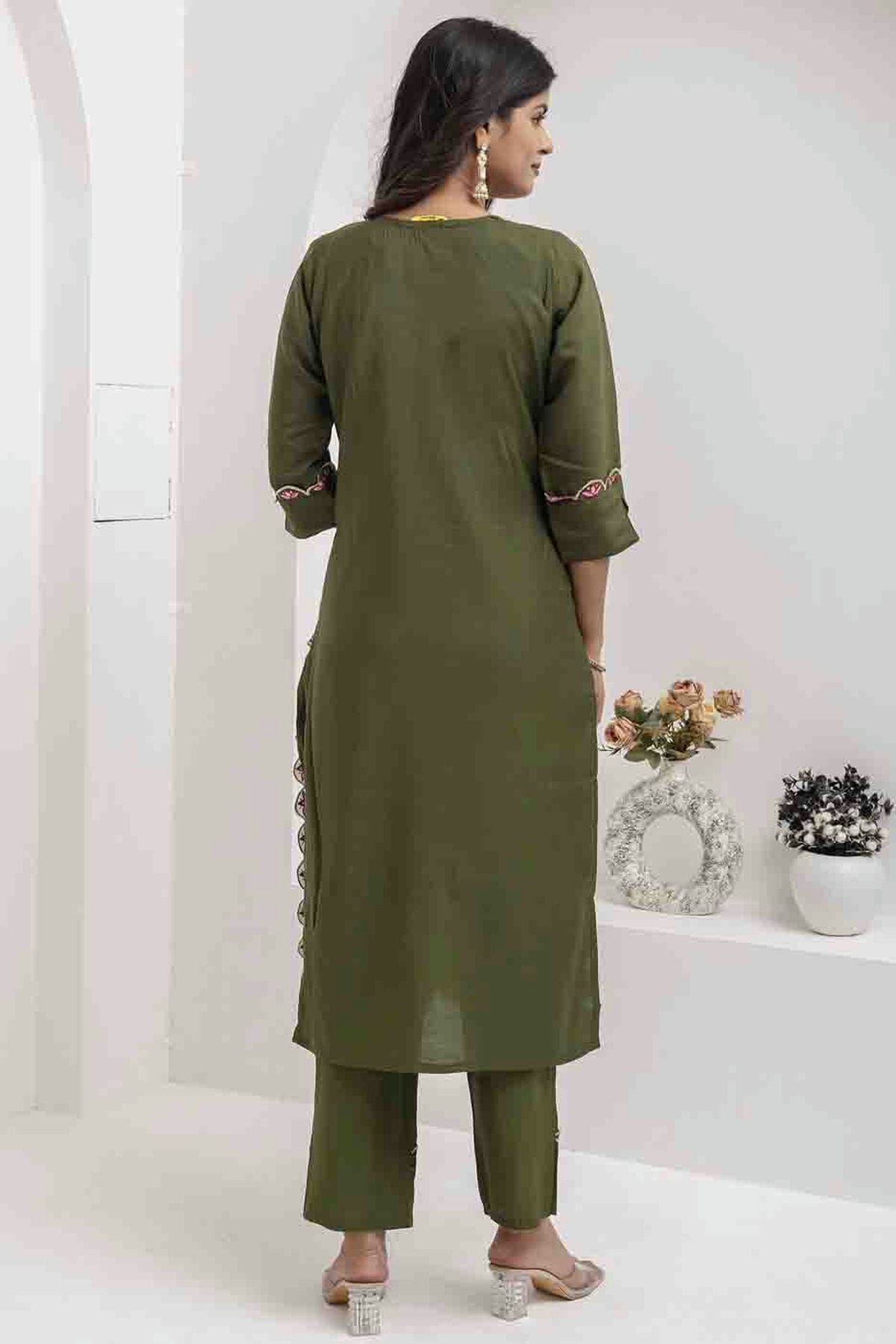 Mehendi Green Colour Viscose Silk Embroidery and Woven Work Pant Style Suit VSSS1113678