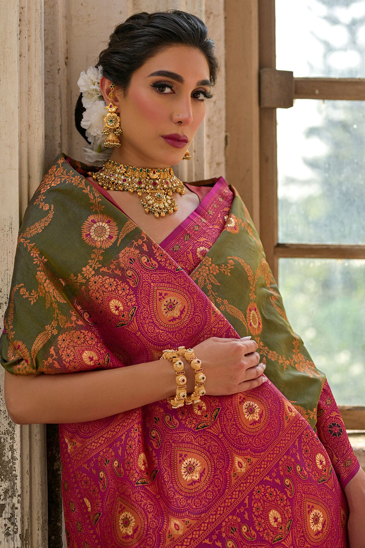 Mehendi Green Colour Woven Work Banarasi Silk Saree