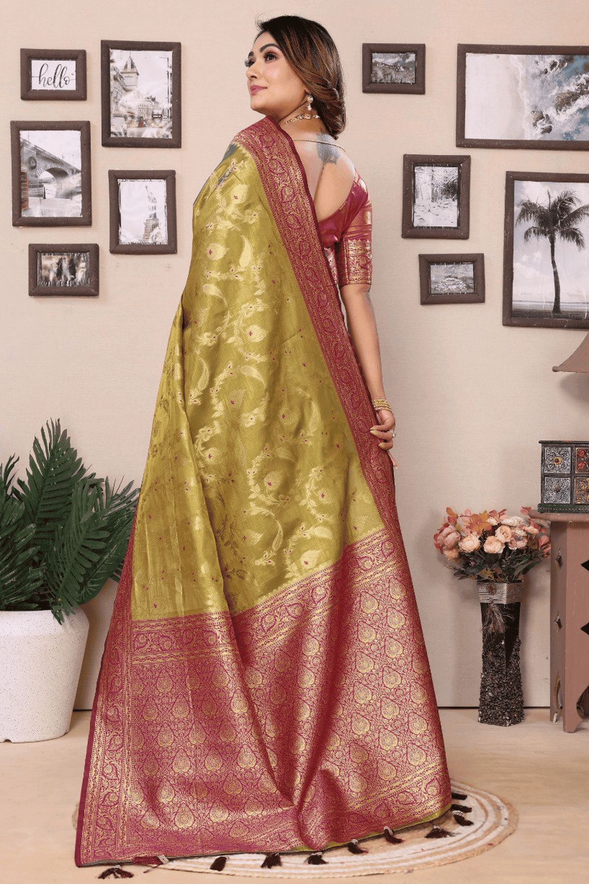 Mehendi Green Colour Woven Work Pure Banarasi Tissue Silk Traditional Saree