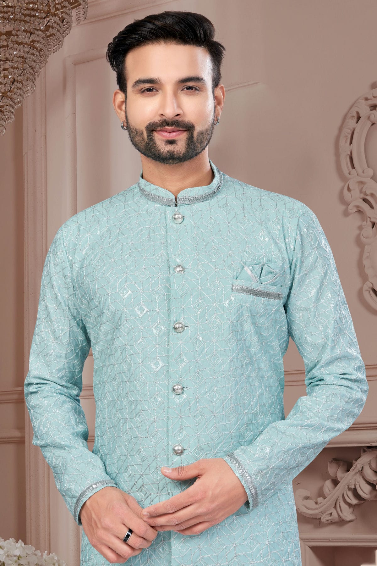 Mint Green Colour Silk Dupion Sherwani VSSH1040603