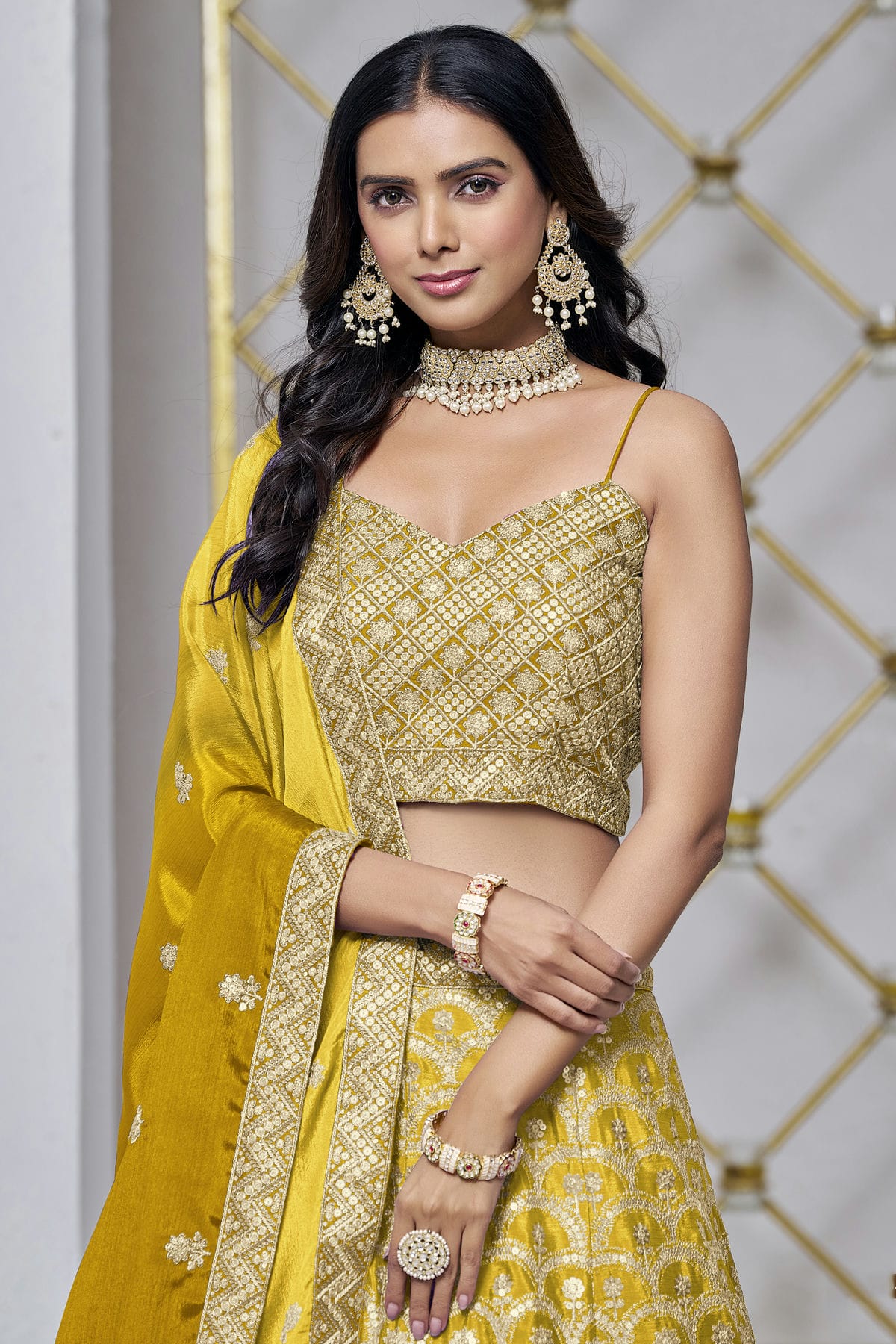 Mustard Colour Embroidery Lehenga Choli In Chinon Fabric
