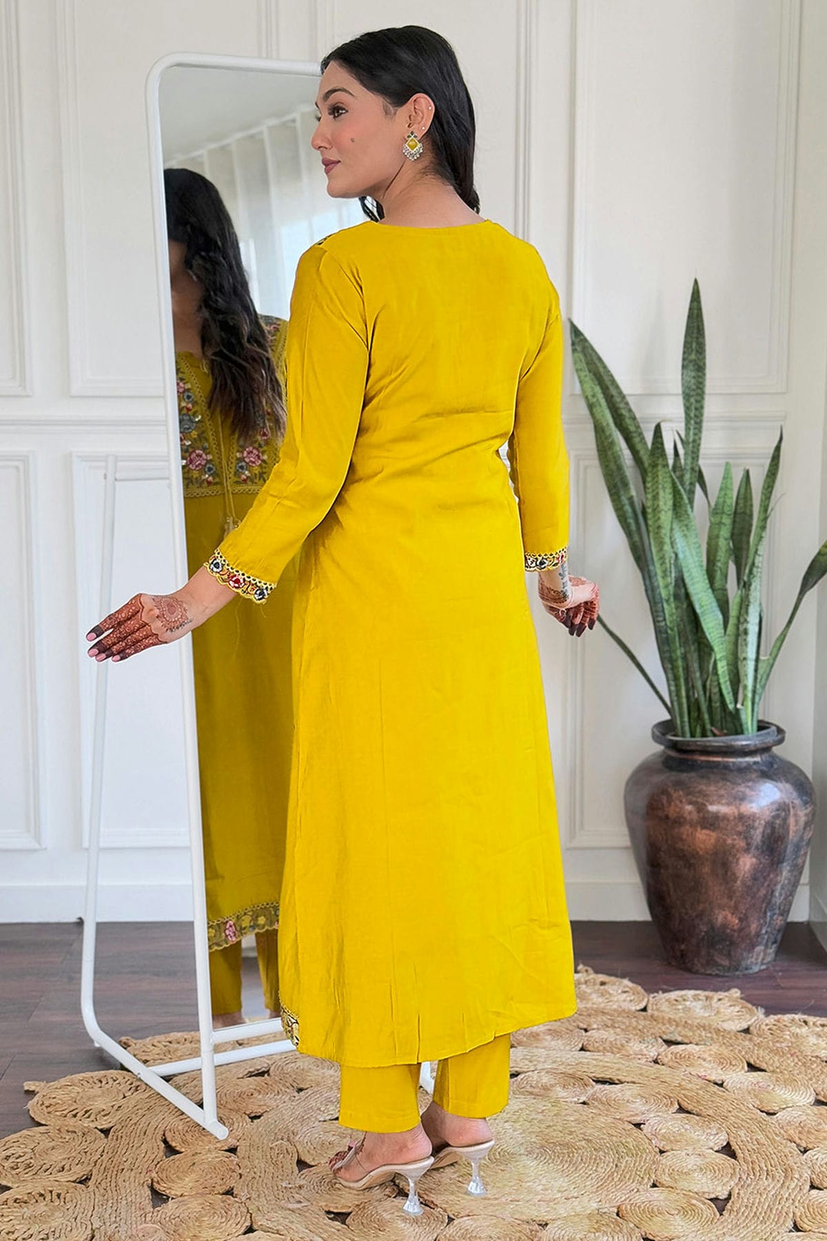 Mustard Colour Embroidery Viscose Stitched Suit
