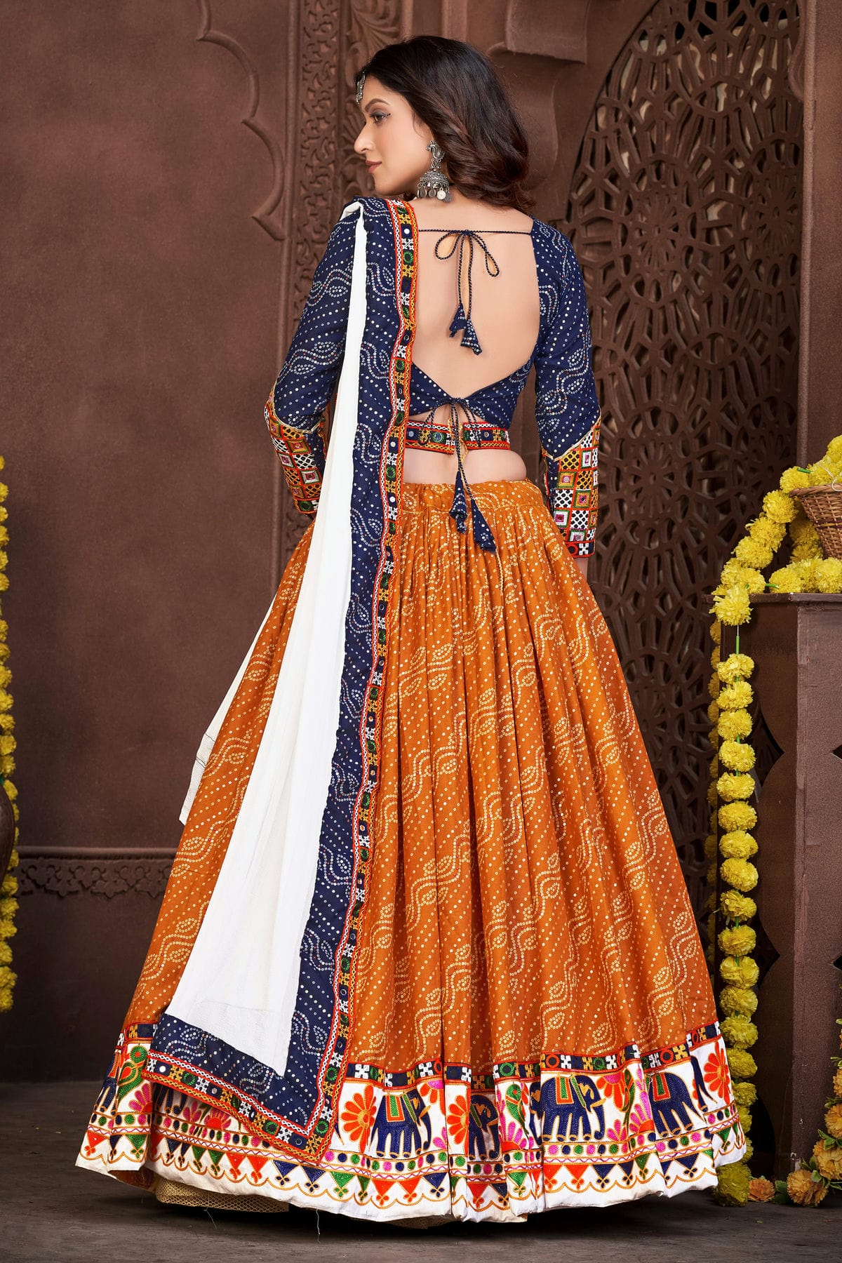 Mustard Colour Embroidery Work Cotton Silk Navratri Lehenga VSLD1170009