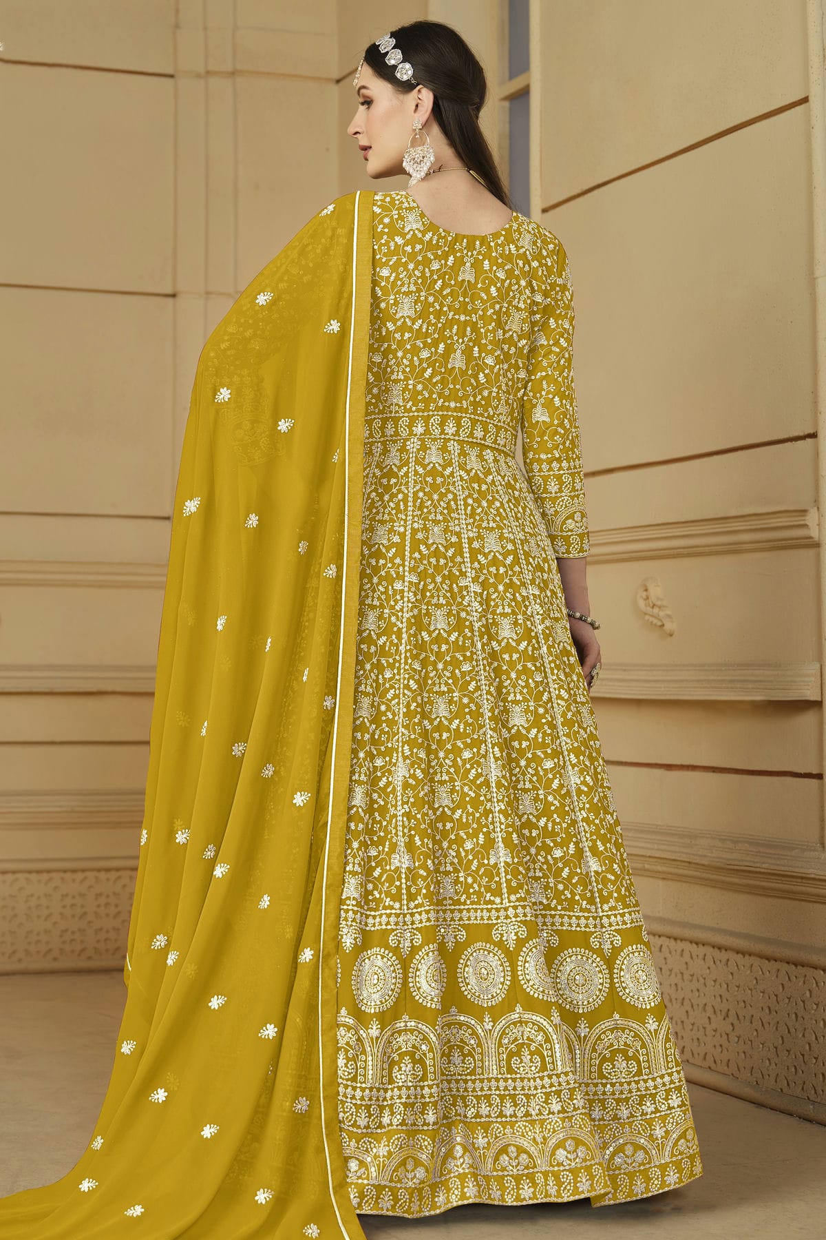 Mustard Colour Semi Stitched Faux Georgette Anarkali Suit VSSM1050461