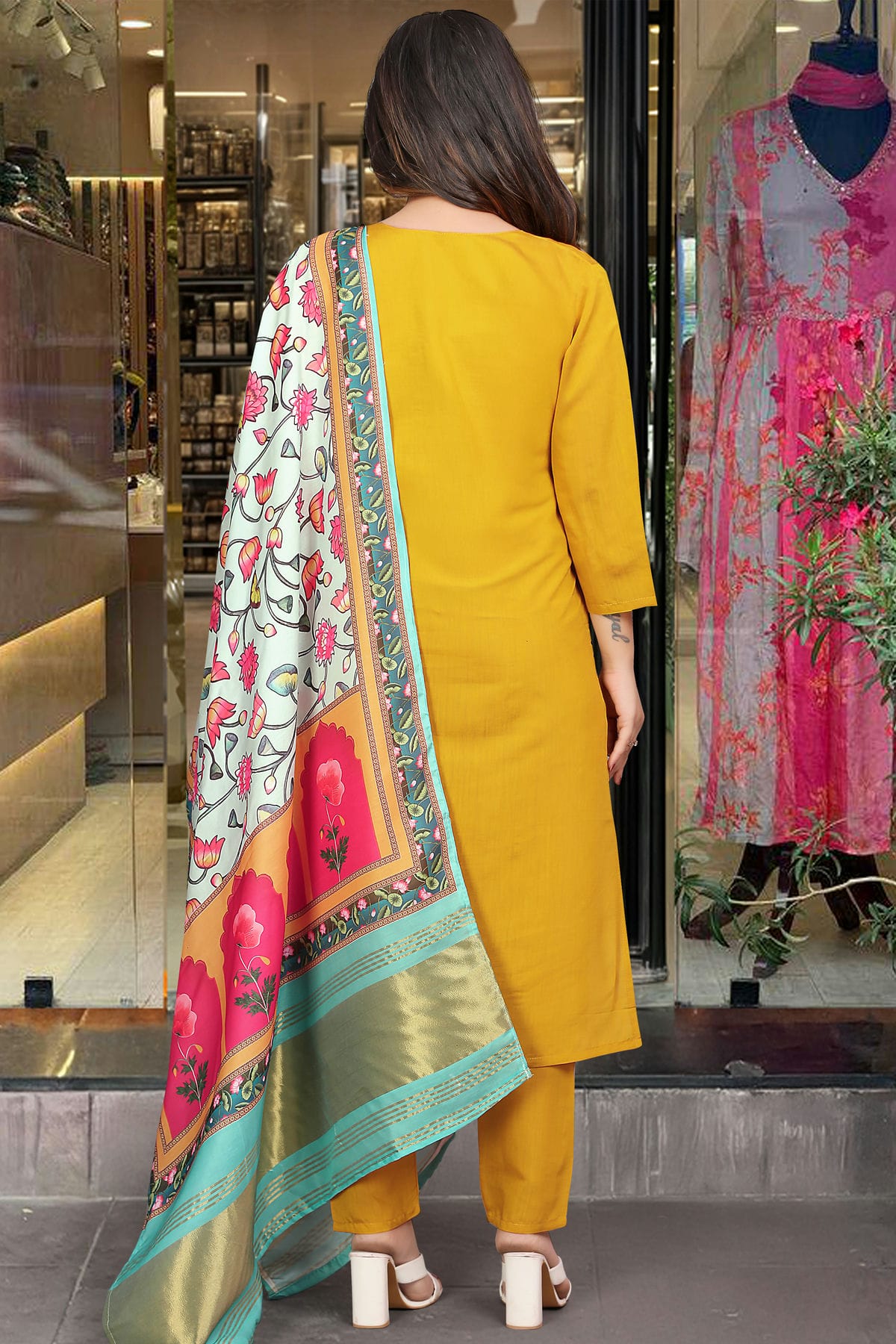 Mustard Colour Viscose Chanderi Stitched Salwar Suit