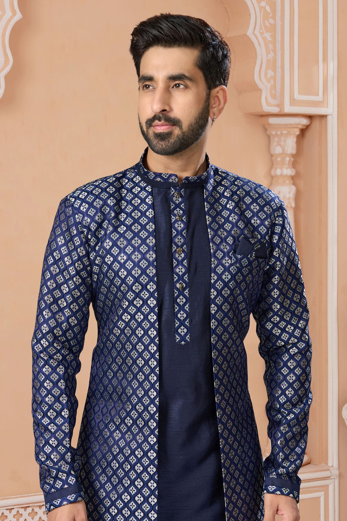 Navy Blue Colour Banarasi Jacquard Sherwani VSSH1040573