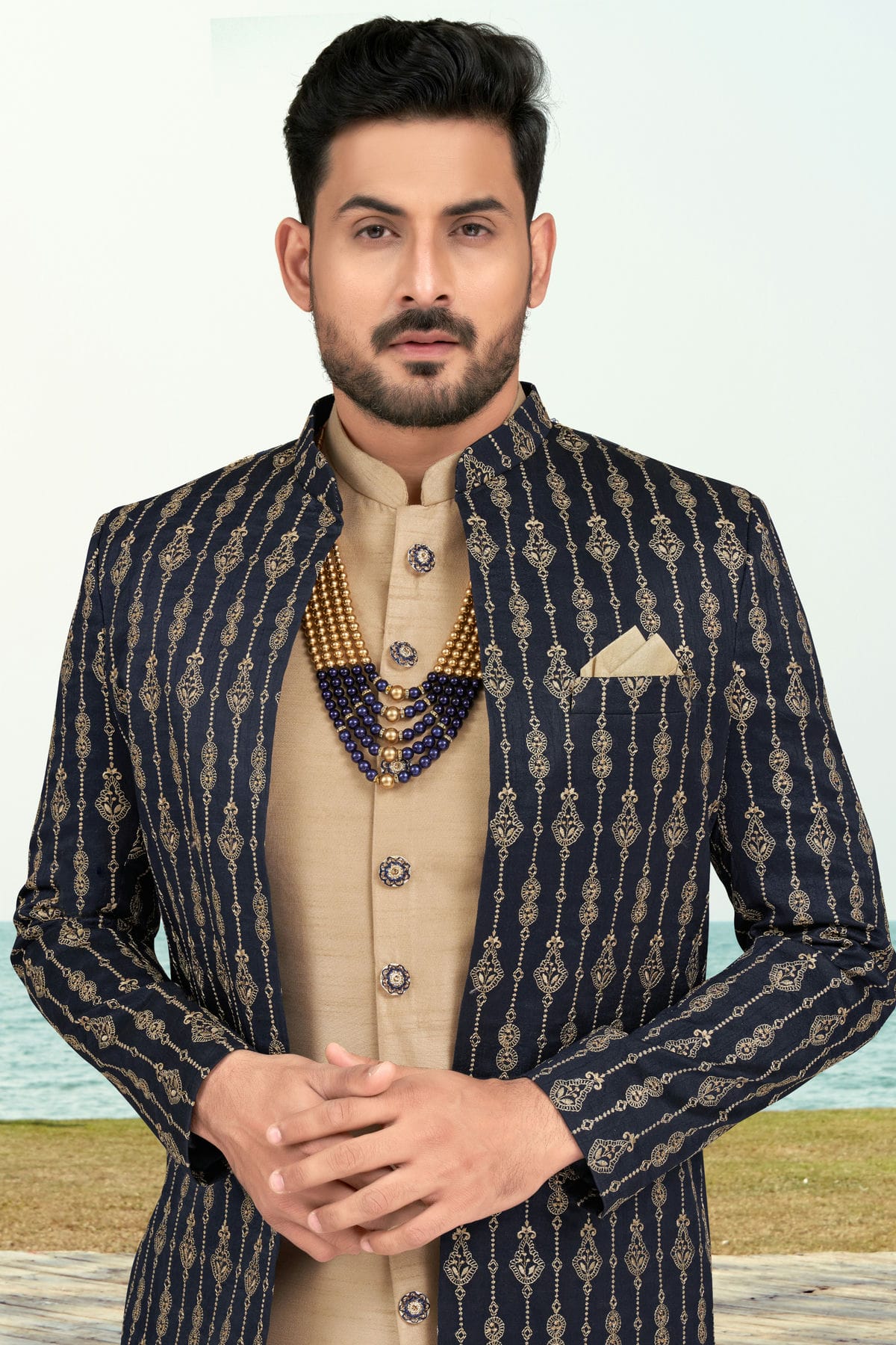 Navy Blue Colour Banarasi Silk Sherwani VSSH1040523