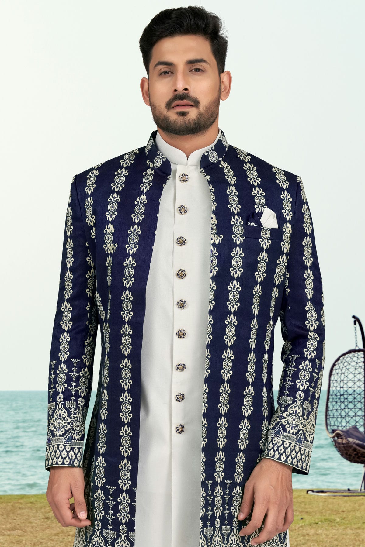 Navy Blue Colour Banarasi Silk Sherwani VSSH1040539