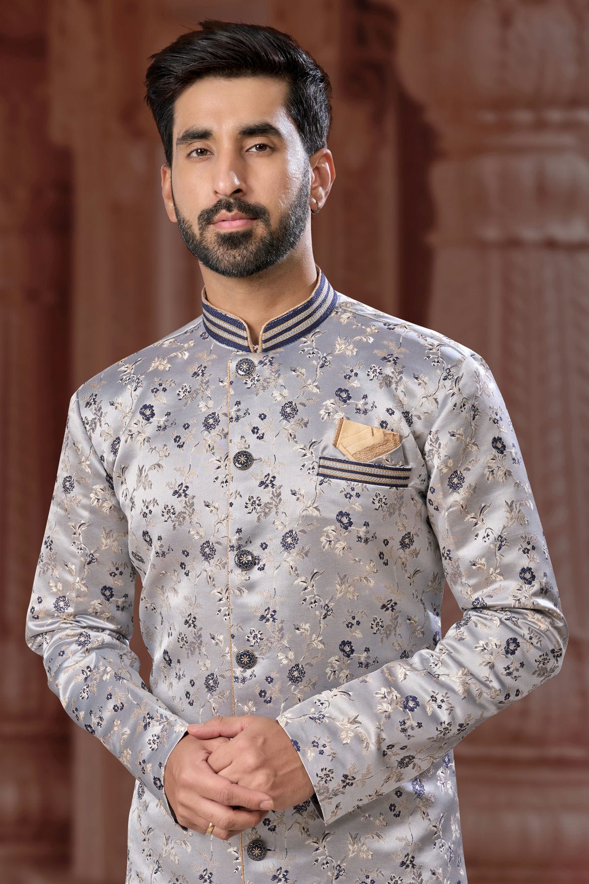 Navy Blue Colour Banarasi Soft Jacquard Sherwani VSSH1040582