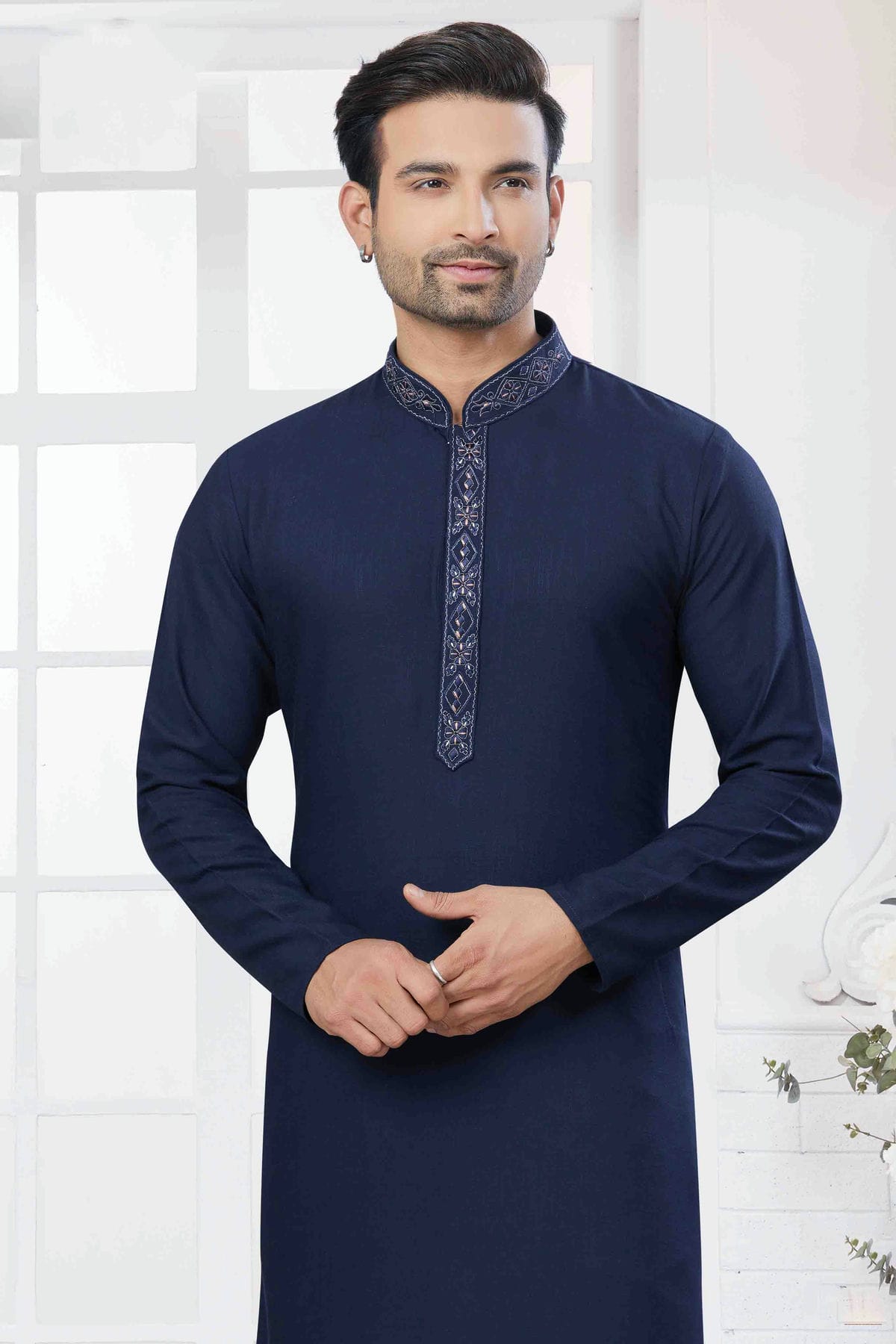Navy Blue Colour Embroidery Cotton Kurta Pajama VSKP1113430
