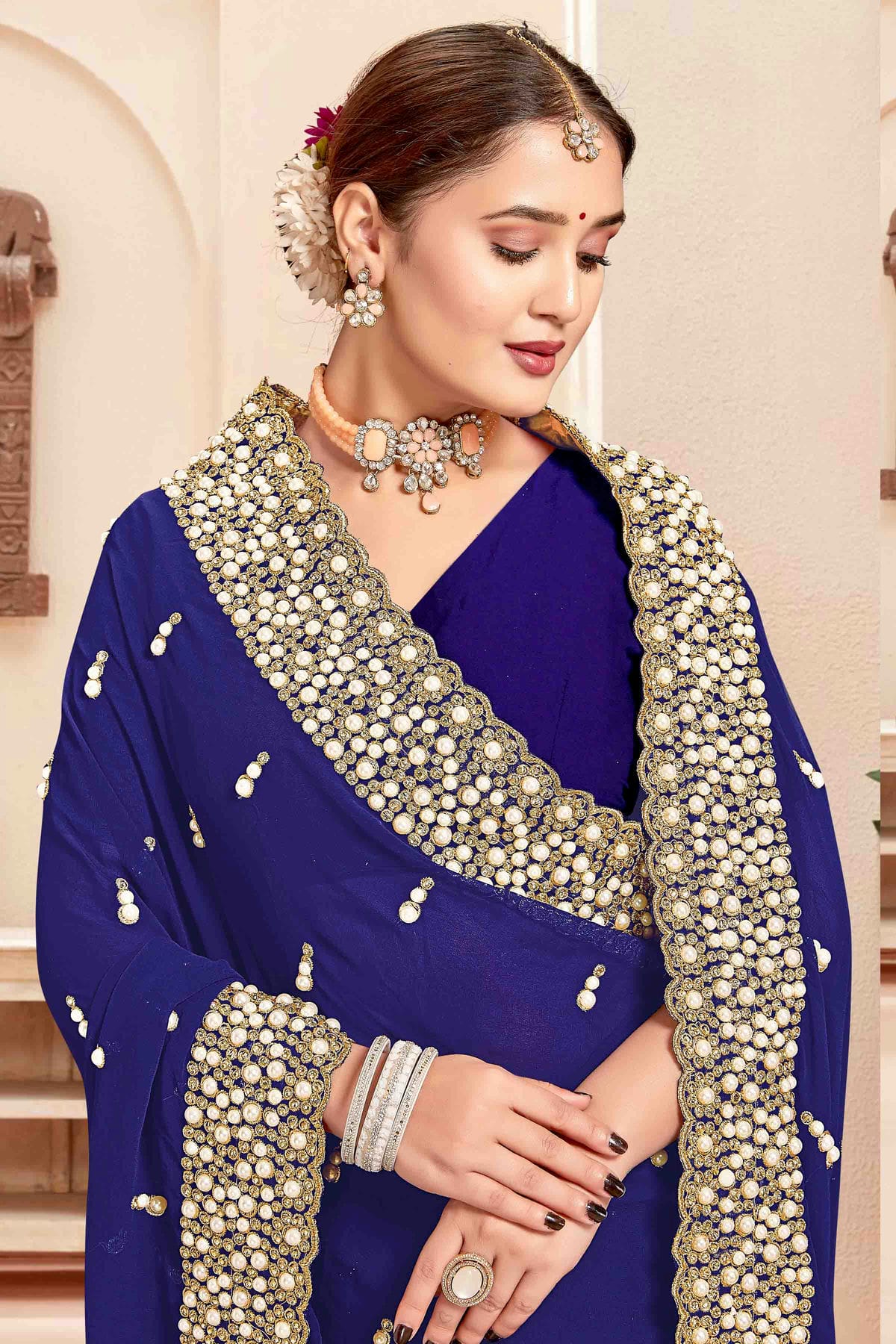 Navy Blue Colour Georgette Embroidery Work Designer Saree VSSD1091245