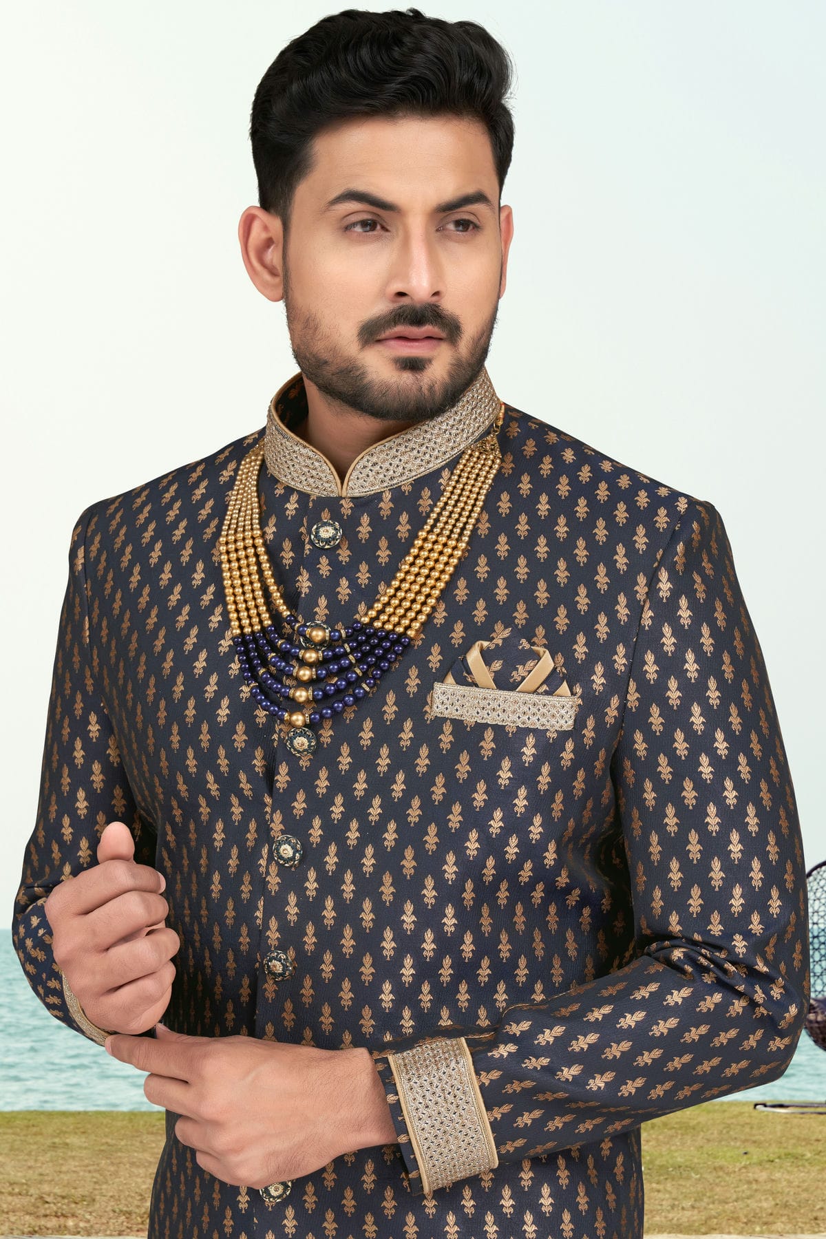 Navy Blue Colour Jacquard Indo Western Sherwani VSSH1040506