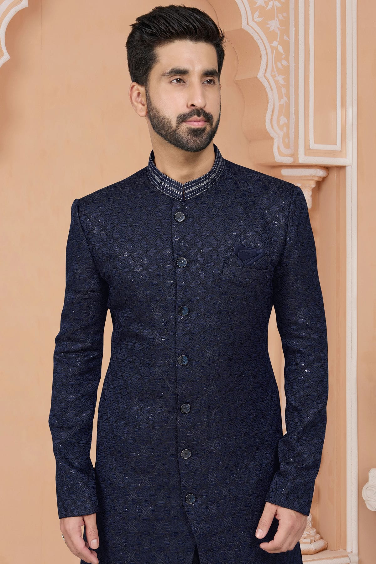 Navy Blue Colour Jacquard Sherwani VSSH1040545