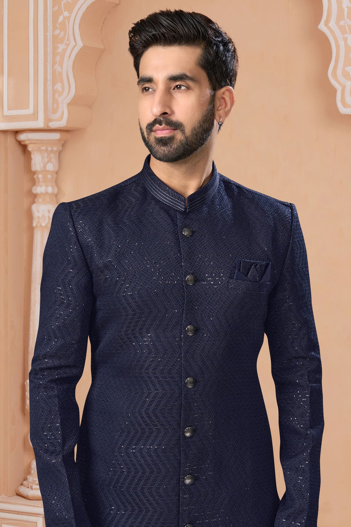 Navy Blue Colour Jacquard Sherwani VSSH1040552