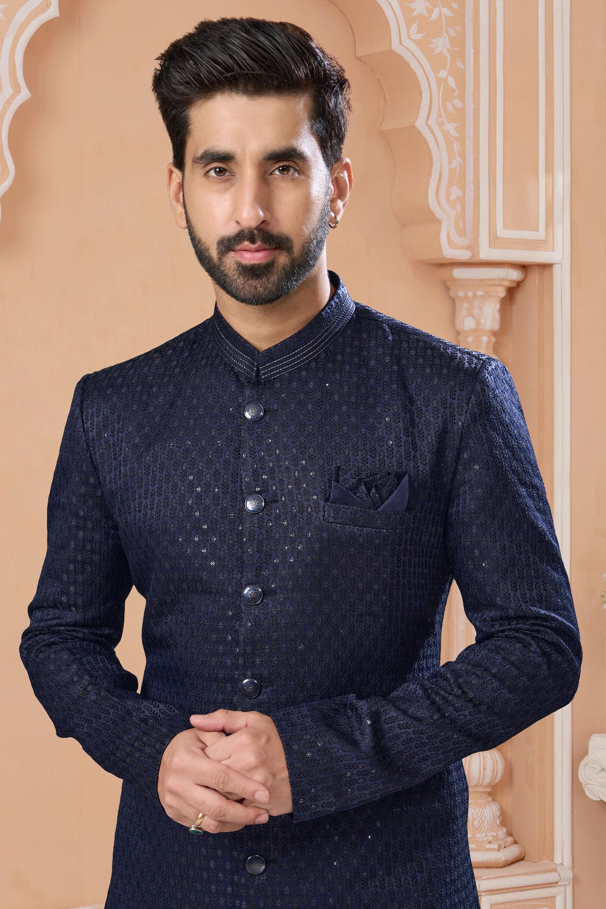 Navy Blue Colour Jacquard Sherwani VSSH1040559