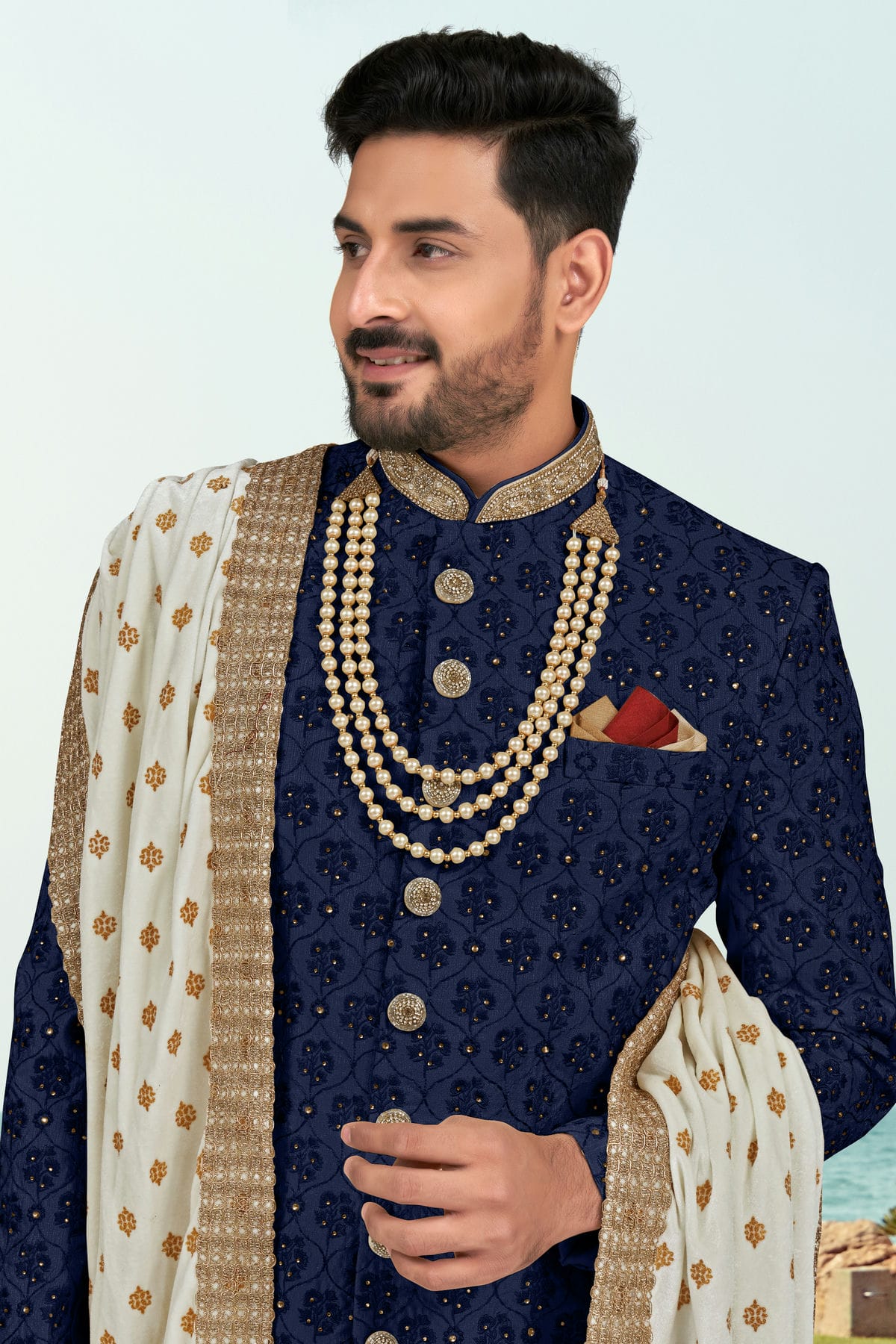 Navy Blue Colour Kora Shine Silk Sherwani VSSH1040527