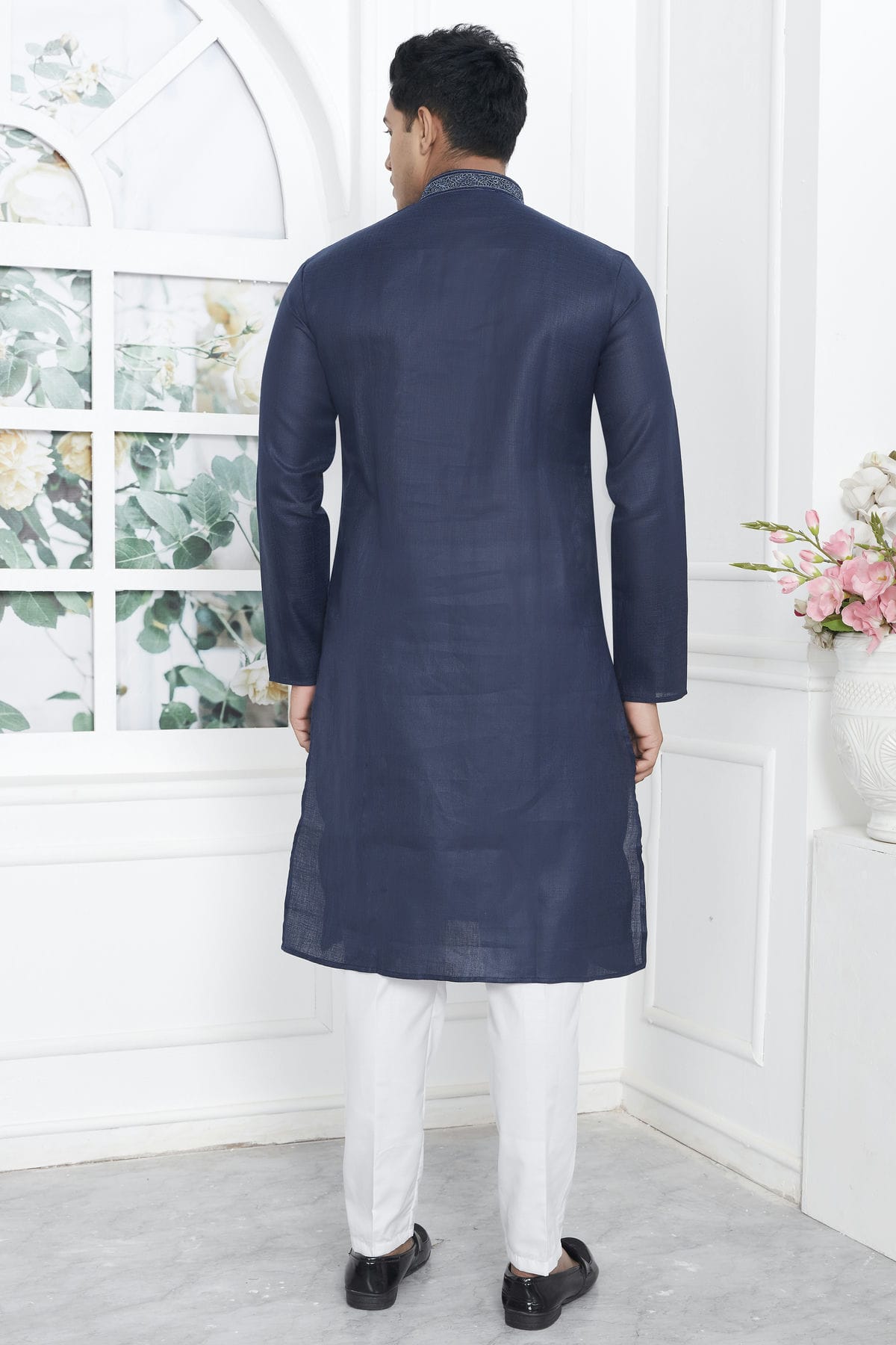 Navy Blue Colour Linen Cotton Thread Work Kurta Pajama VSKP1230139
