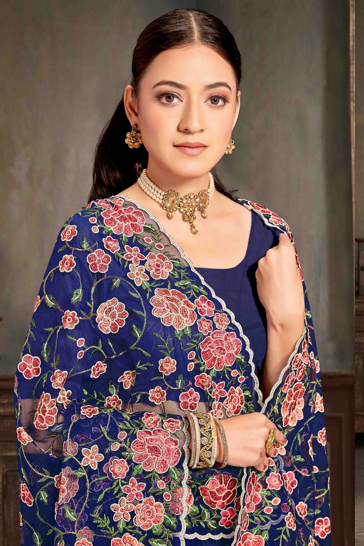 Navy Blue Colour Net Embroidery Work Designer Saree VSSD1091233