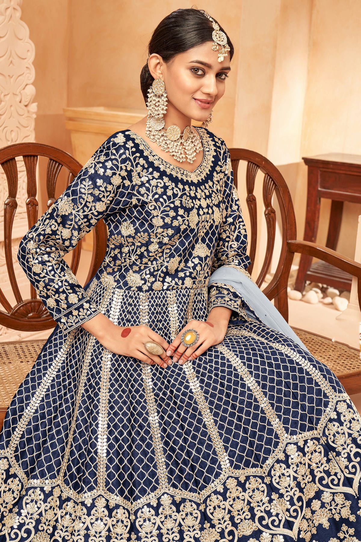 Navy Blue Colour Semi Stitched Art Silk Anarkali Suit VSSM1050407