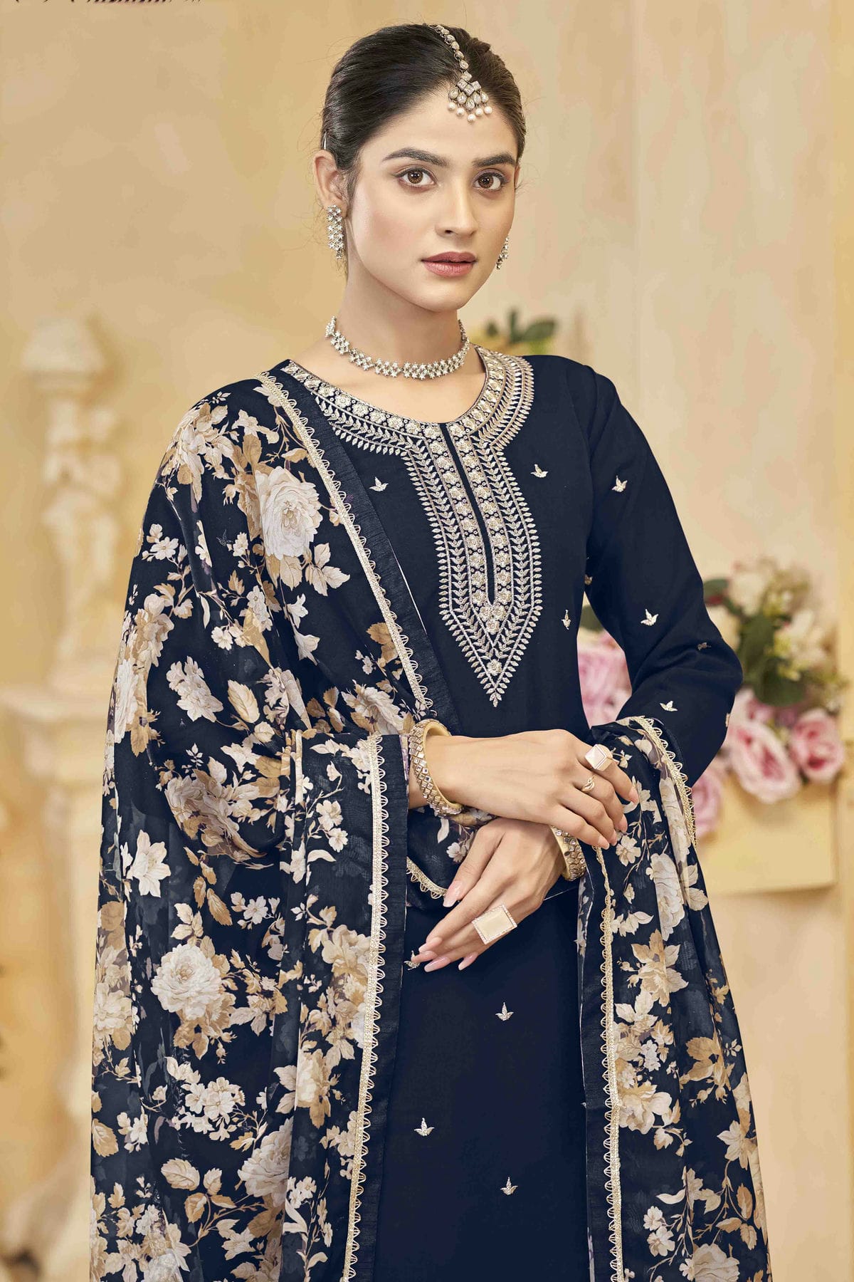Navy Blue Colour Semi Stitched Roman Silk Palazzo Pant Suit VSSM1050745