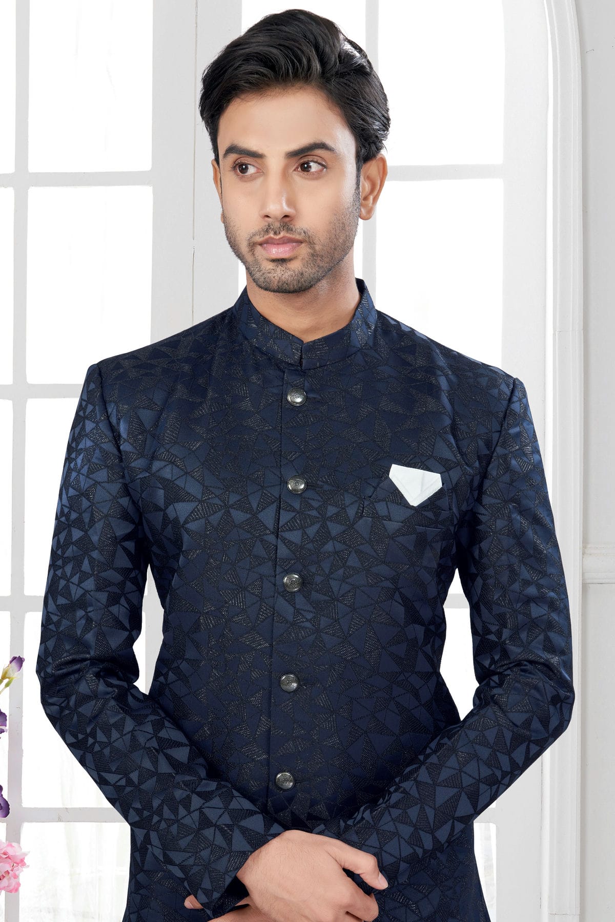 Navy Blue Colour Silk Dupion Sherwani VSSH1040634
