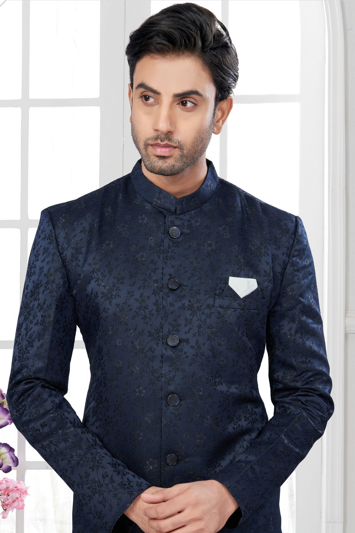 Navy Blue Colour Silk Dupion Sherwani VSSH1040637