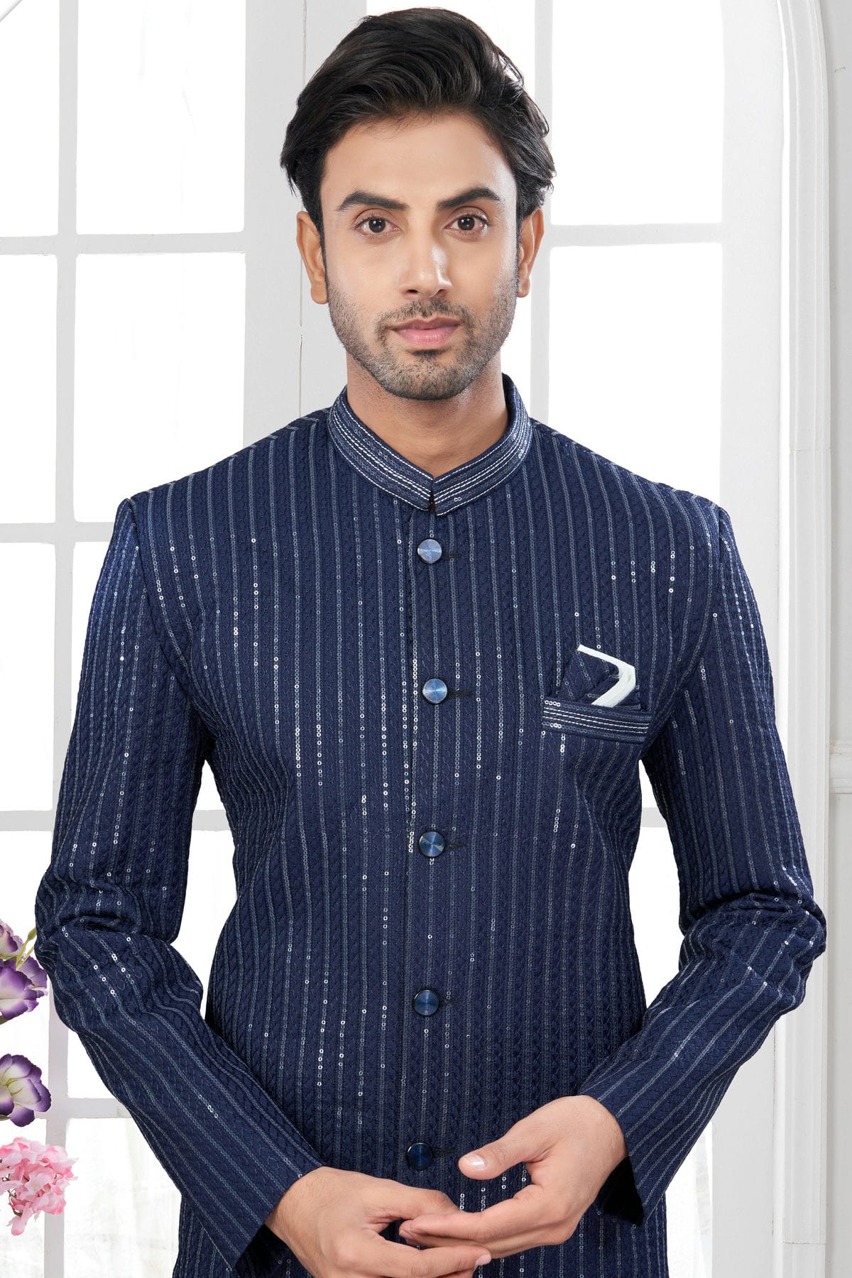 Navy Blue Colour Silk Dupion Sherwani VSSH1040643