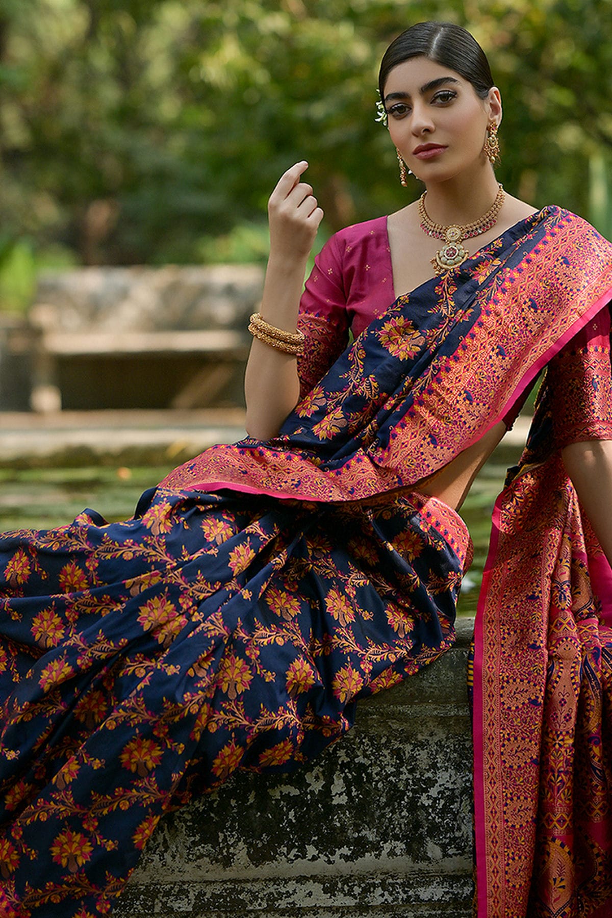 Navy Blue Colour Woven Work Pashmina Silk Saree