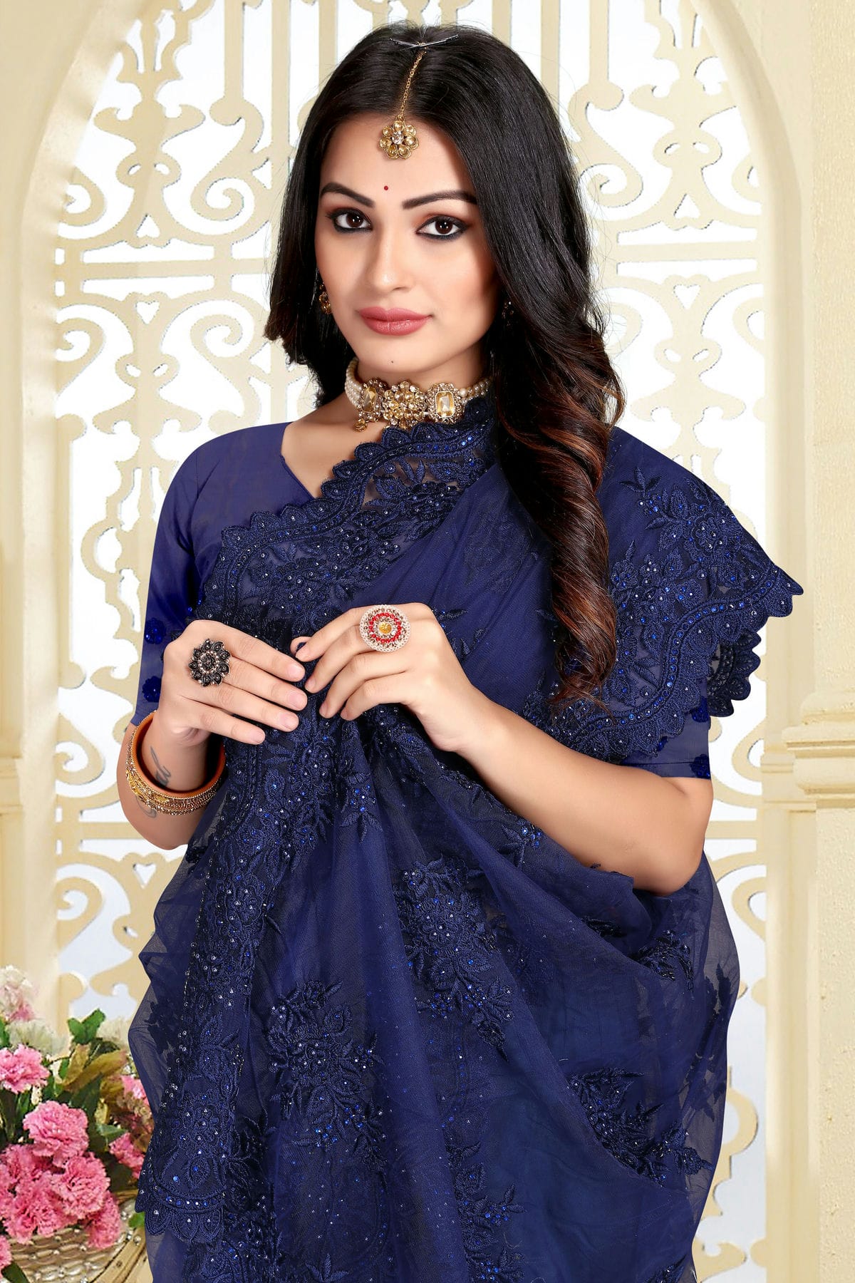 Navy Blue Colour Net Saree VSSD1090815