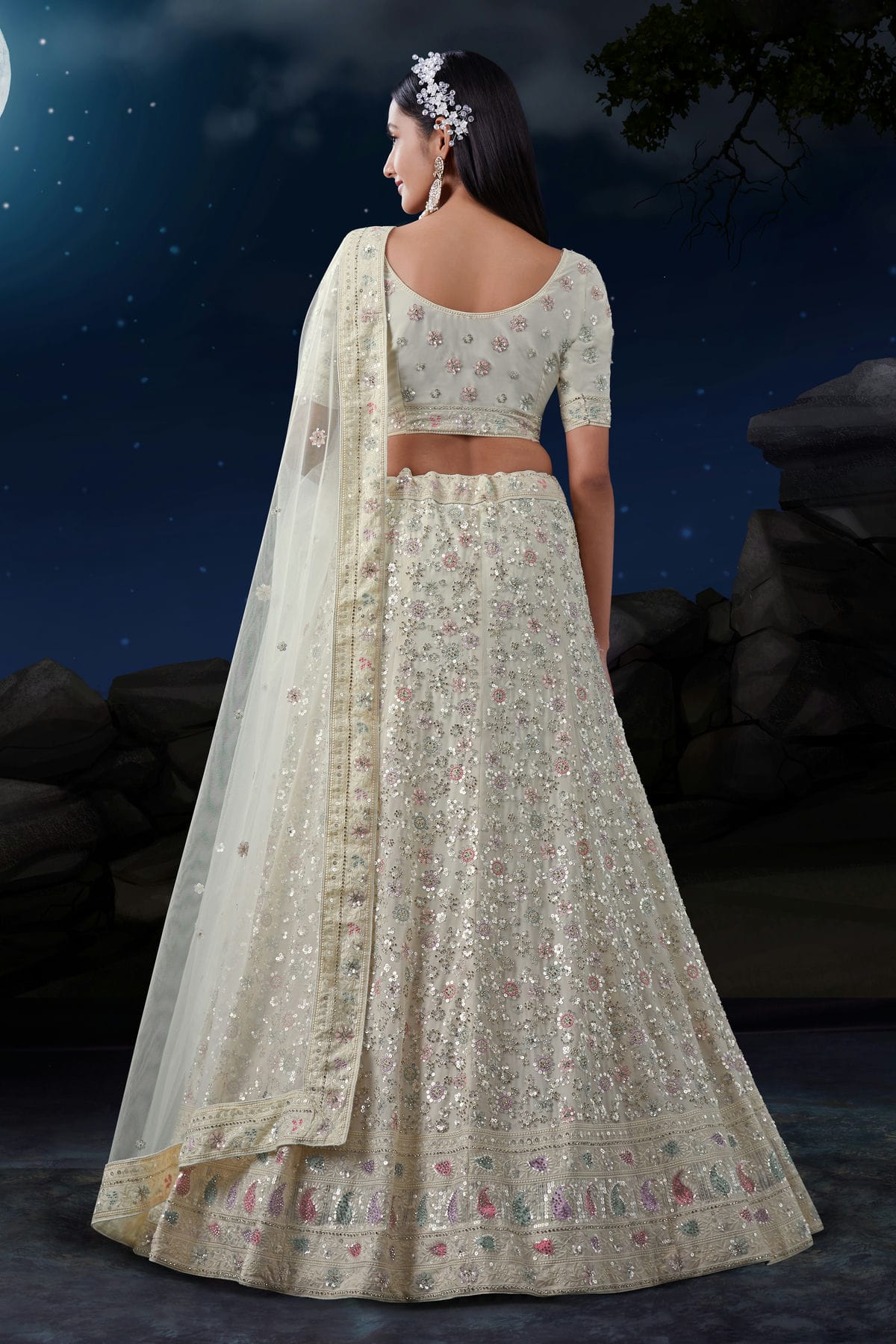 Off White Colour Embroidery Georgette Lehenga Choli VSLD1080728