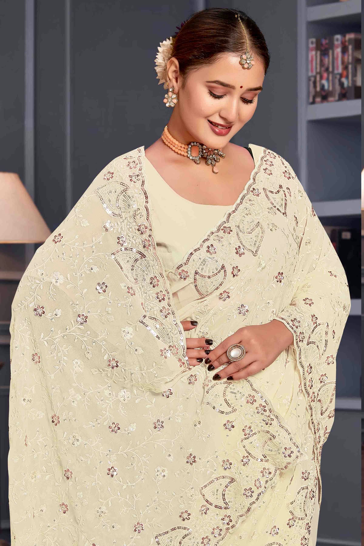 Off White Colour Georgette Embroidery Work Designer Saree VSSD1091248