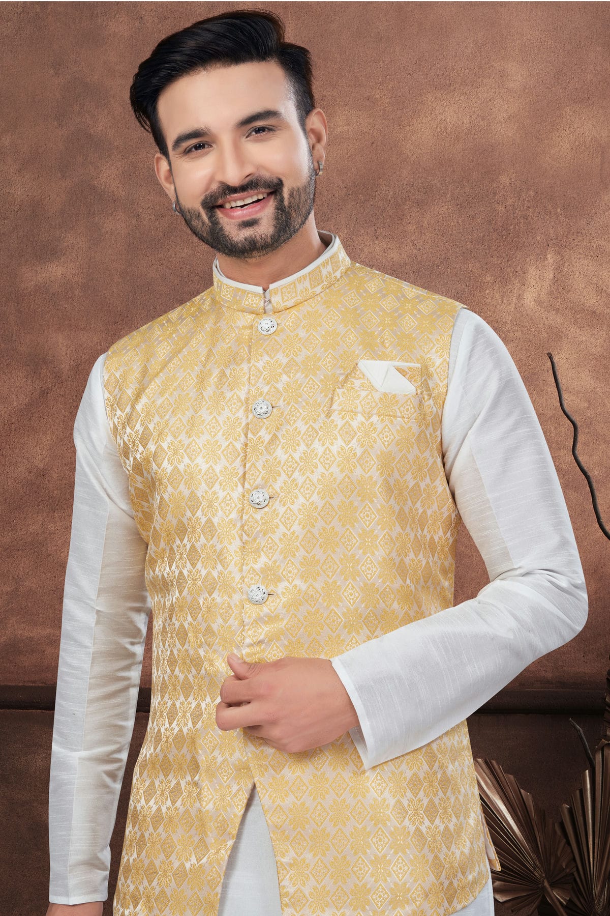 Off White Colour Silk Dupion Jacket Kurta Pajama VSKP1040649