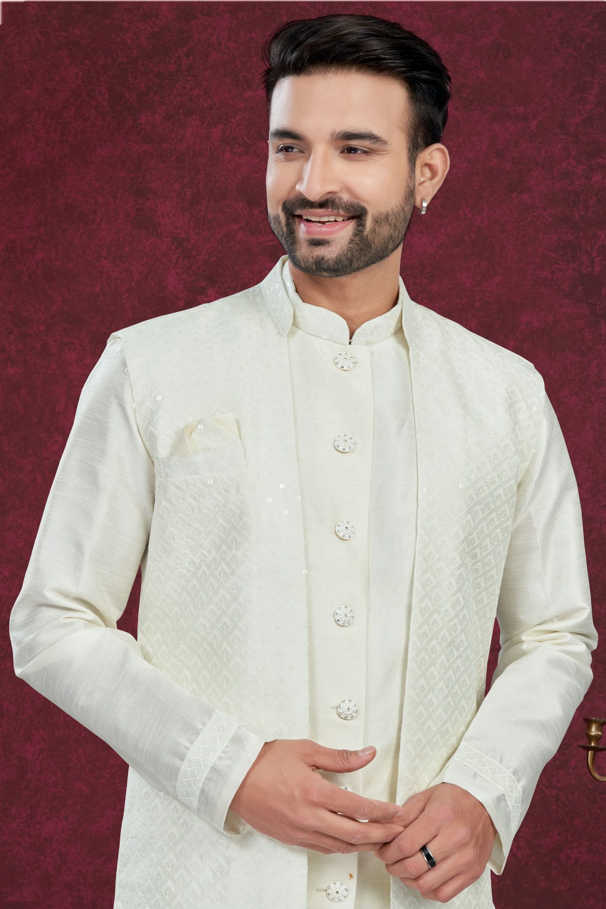 Off White Colour Silk Dupion Sherwani VSSH1040586