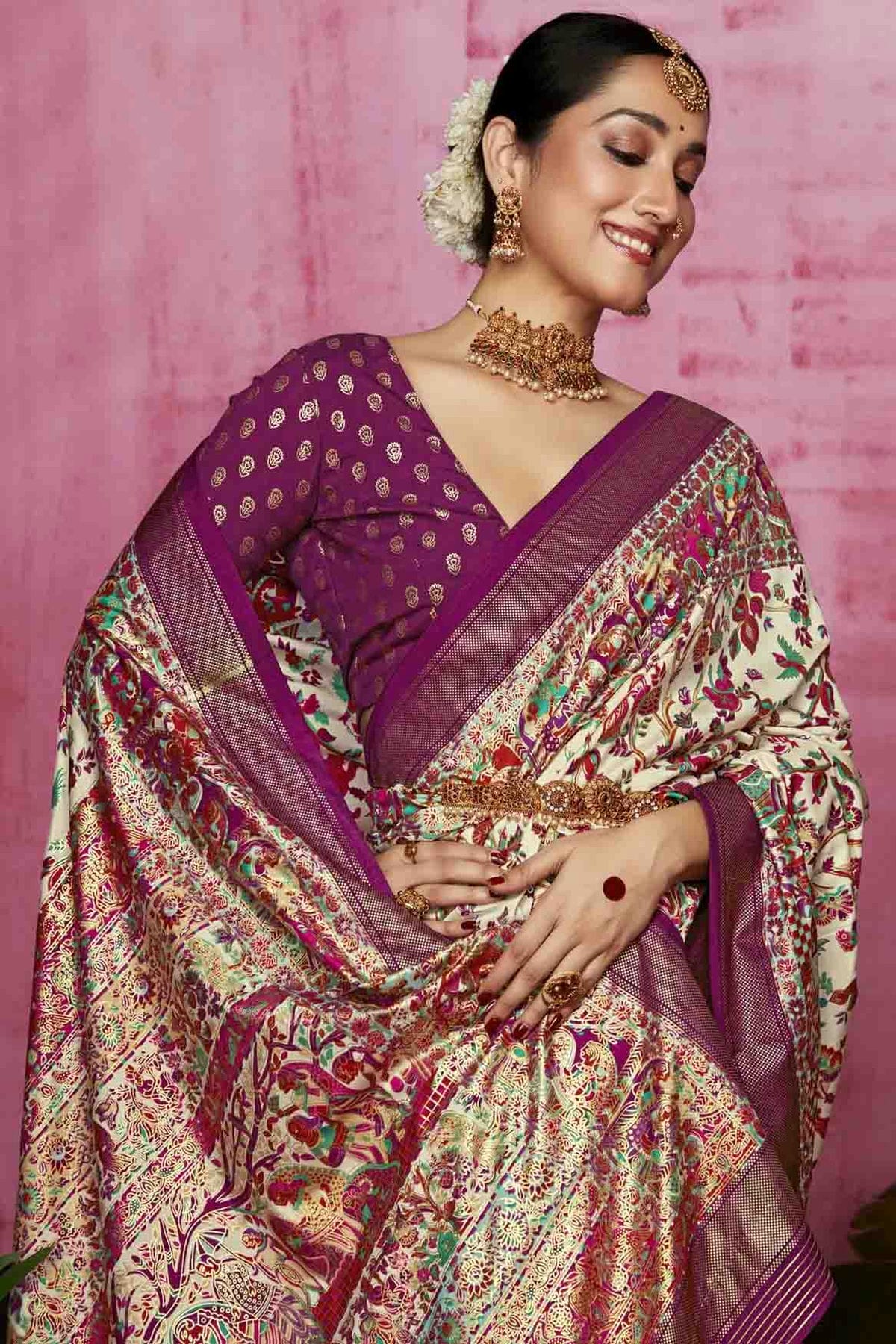 Off White Colour Tussar Silk Polka Dot Printed Saree VSSD1113745