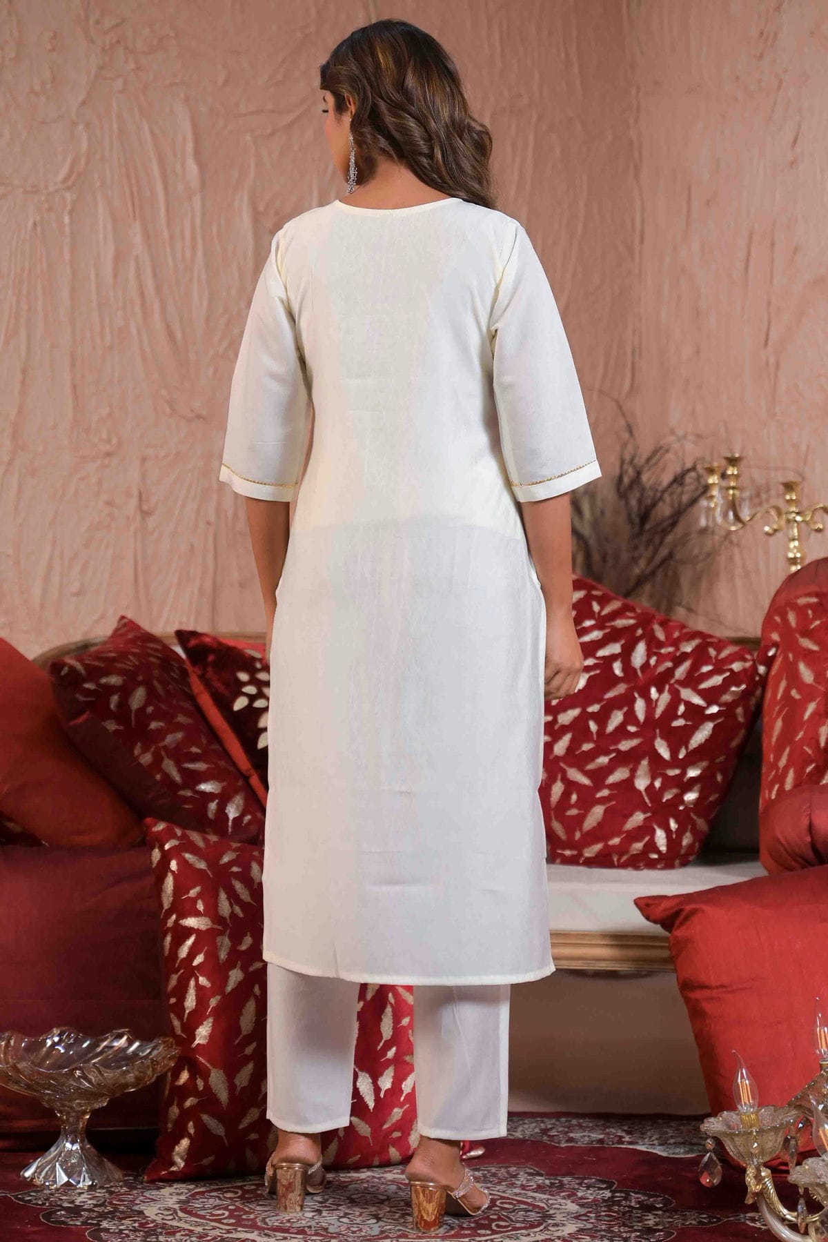 Off White Colour Viscose Chanderi Stitched Pant Style Suit VSSS1113890