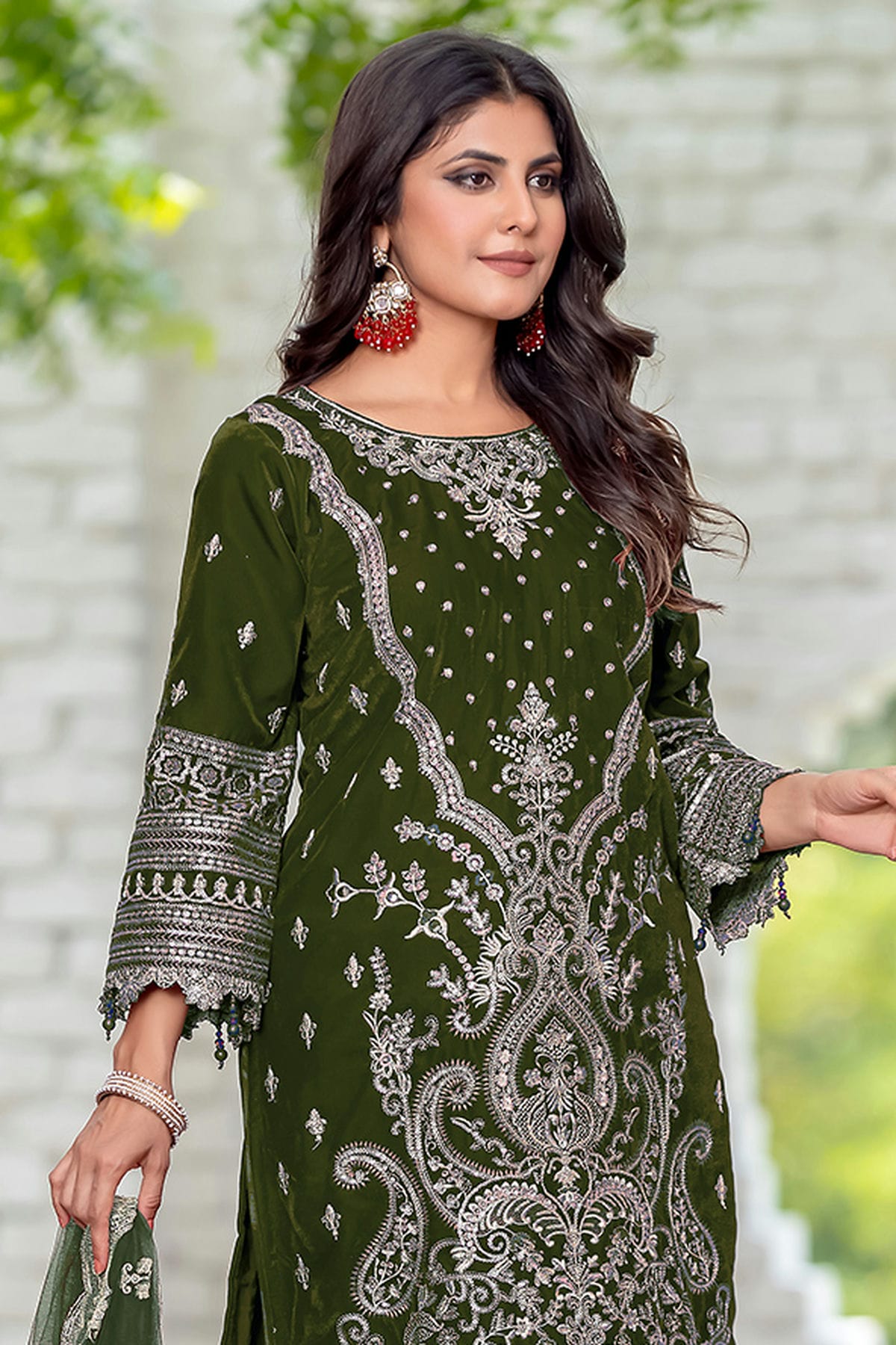 Olive Green Colour Velvet Semi Stitched Pakistani Suit VSSM1250212