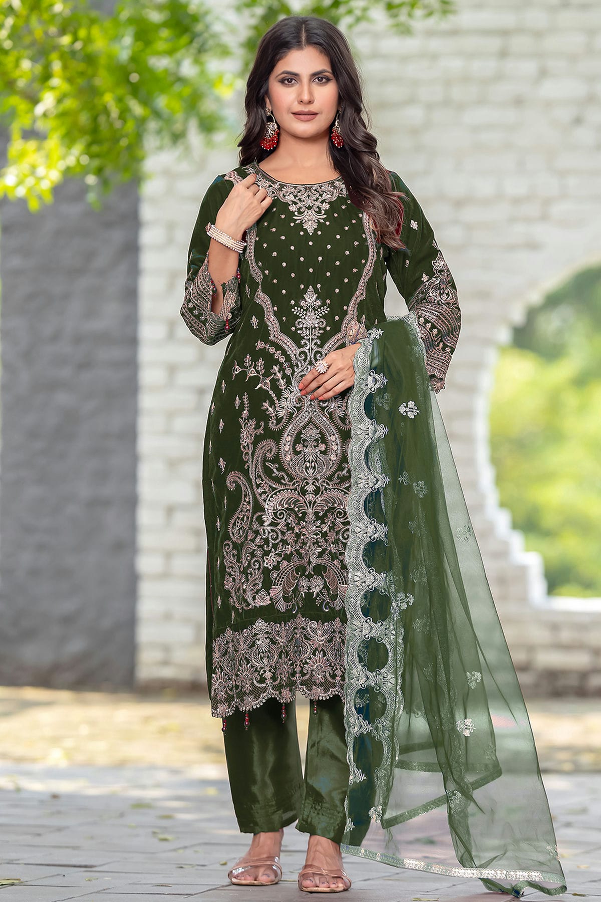 green emerald velvet dress Olive Green Velvet Semi Stitched Pakistani Suit – vastradi.com