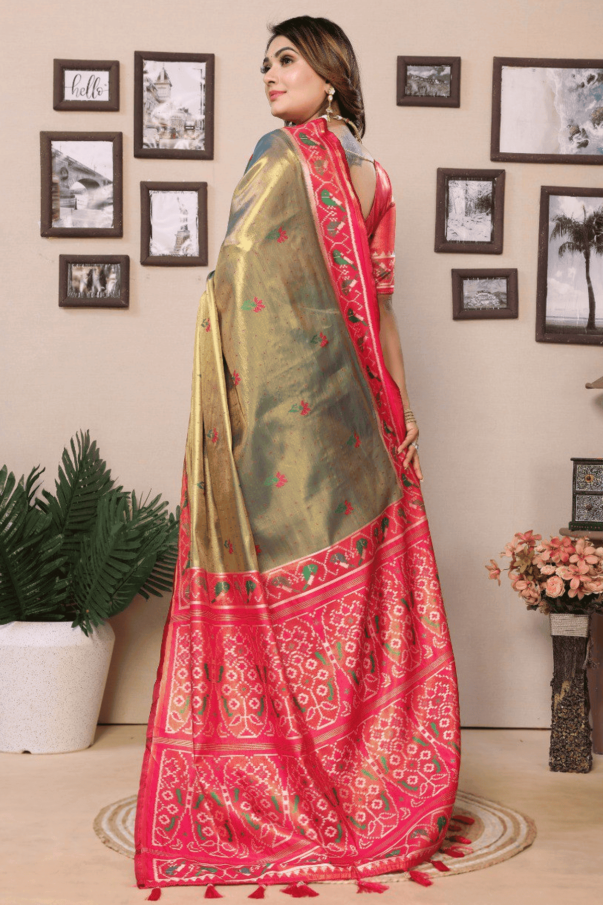 Olive Green Colour Woven Work Pure Banarasi Tissue Silk Traditional Saree