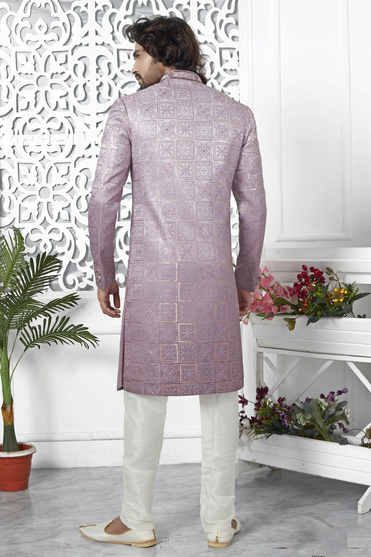 Onion Pink Colour Art Silk Sherwani With Churidar Pant VSSH1230055