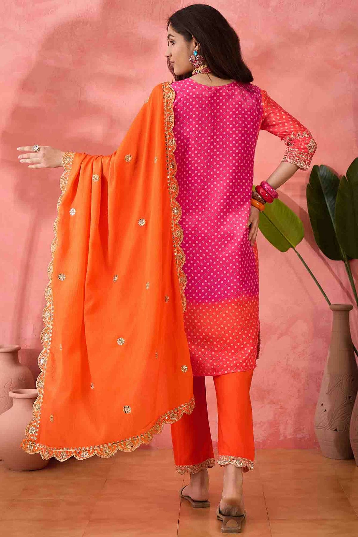 Orange Colour Embroidery Chinon Silk Pant Style Suit VSSS1113509