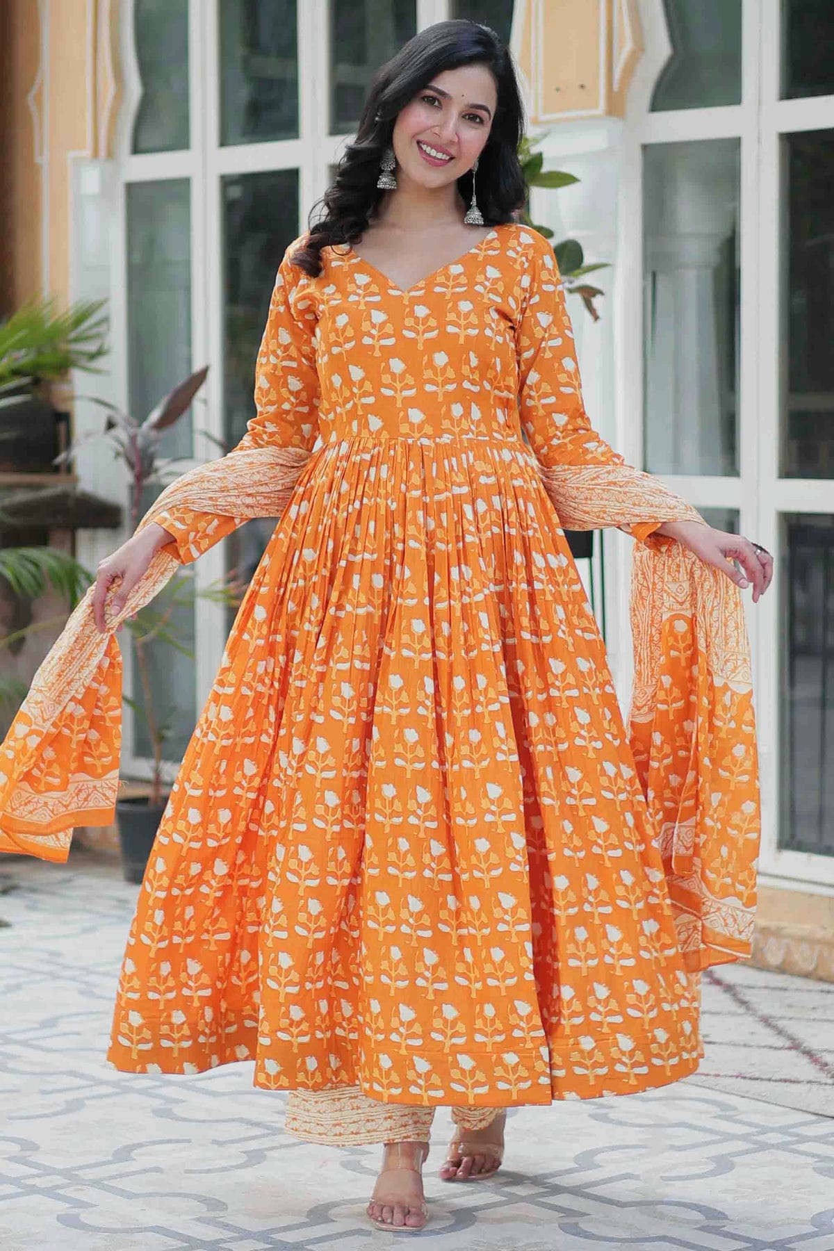 Shop Orange Colour Printed Cotton Anarkali Suit VSSS – vastradi.com
