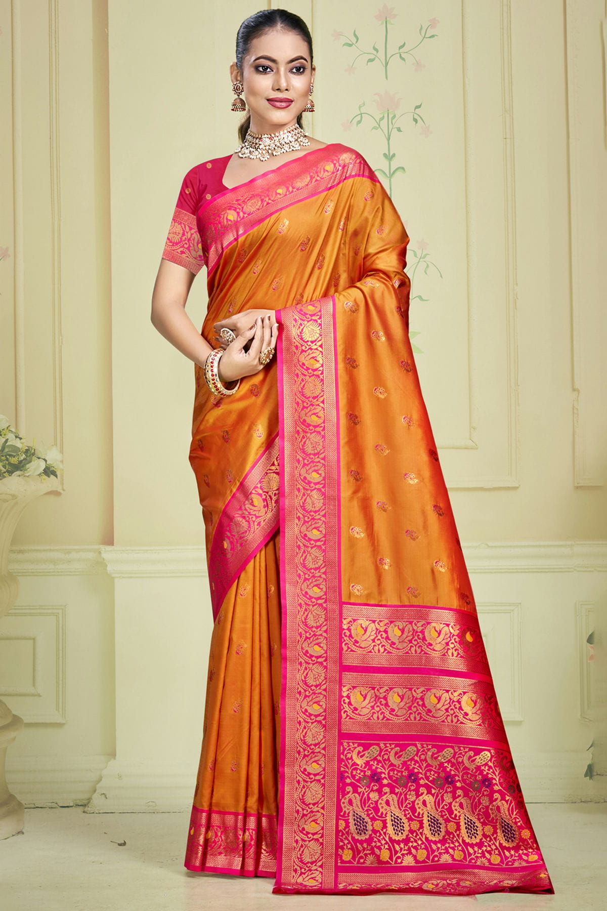 Orange Colour Silk Woven Work Traditional Saree