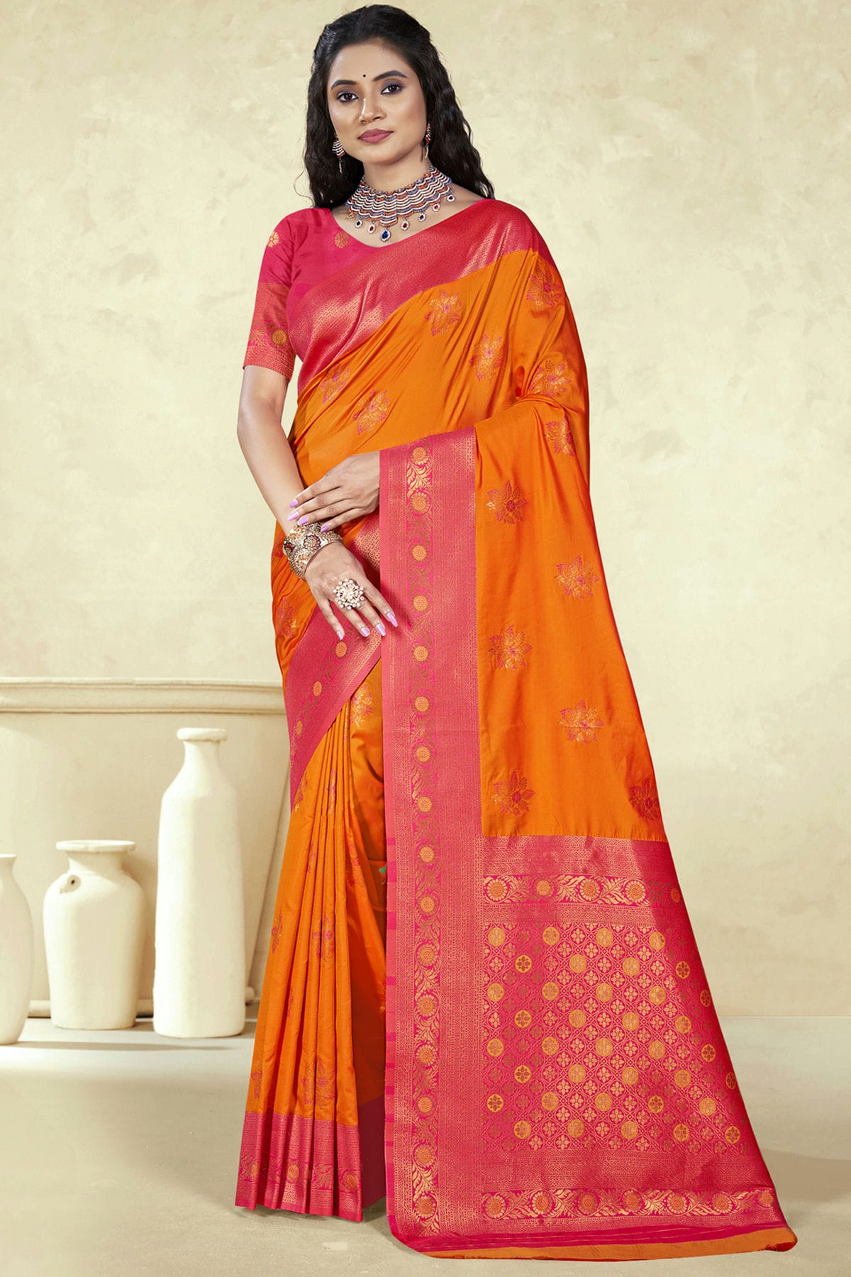 Orange Colour Silk Woven Work Traditional Saree