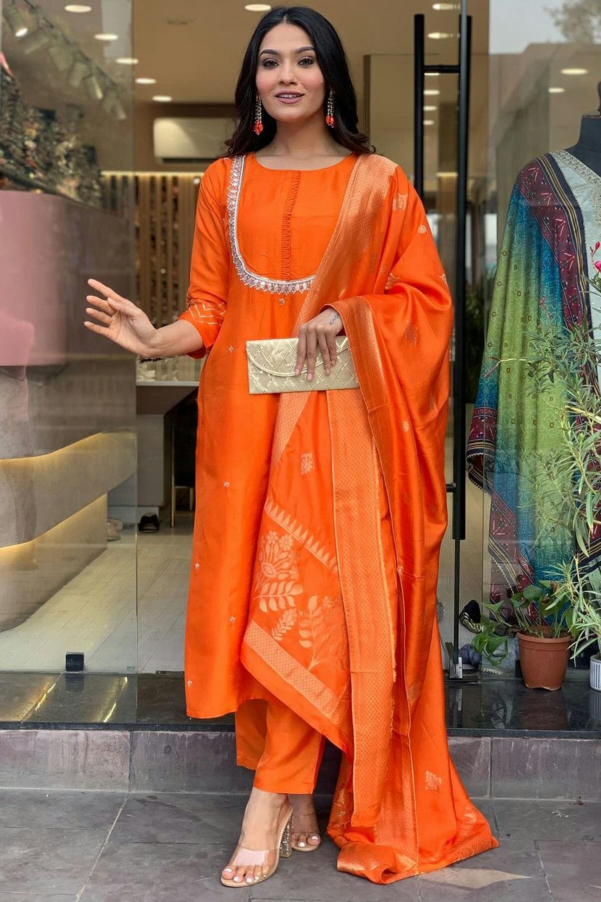 Orange Colour Viscose Chanderi Stitched Salwar Suit