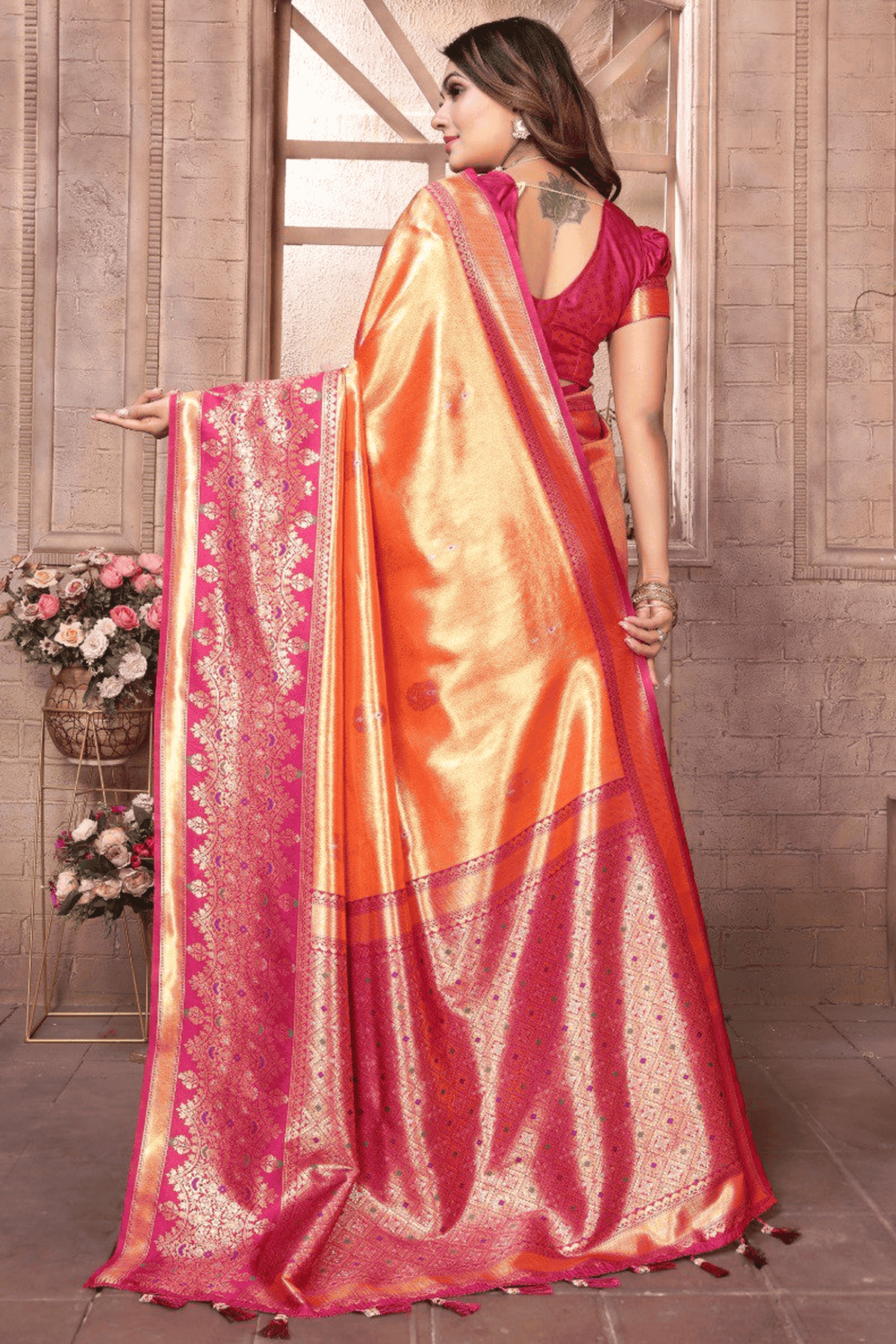 Orange Colour Woven Work Pure Banarasi Tissue Silk Traditional Saree