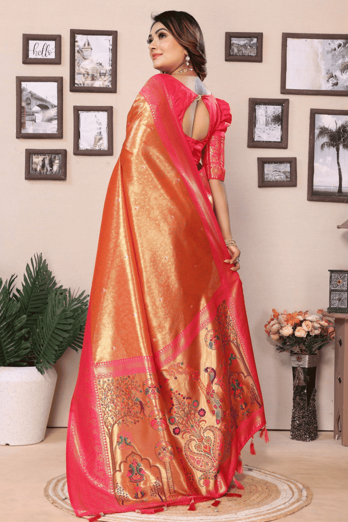 Orange Colour Woven Work Pure Banarasi Tissue Silk Traditional Saree