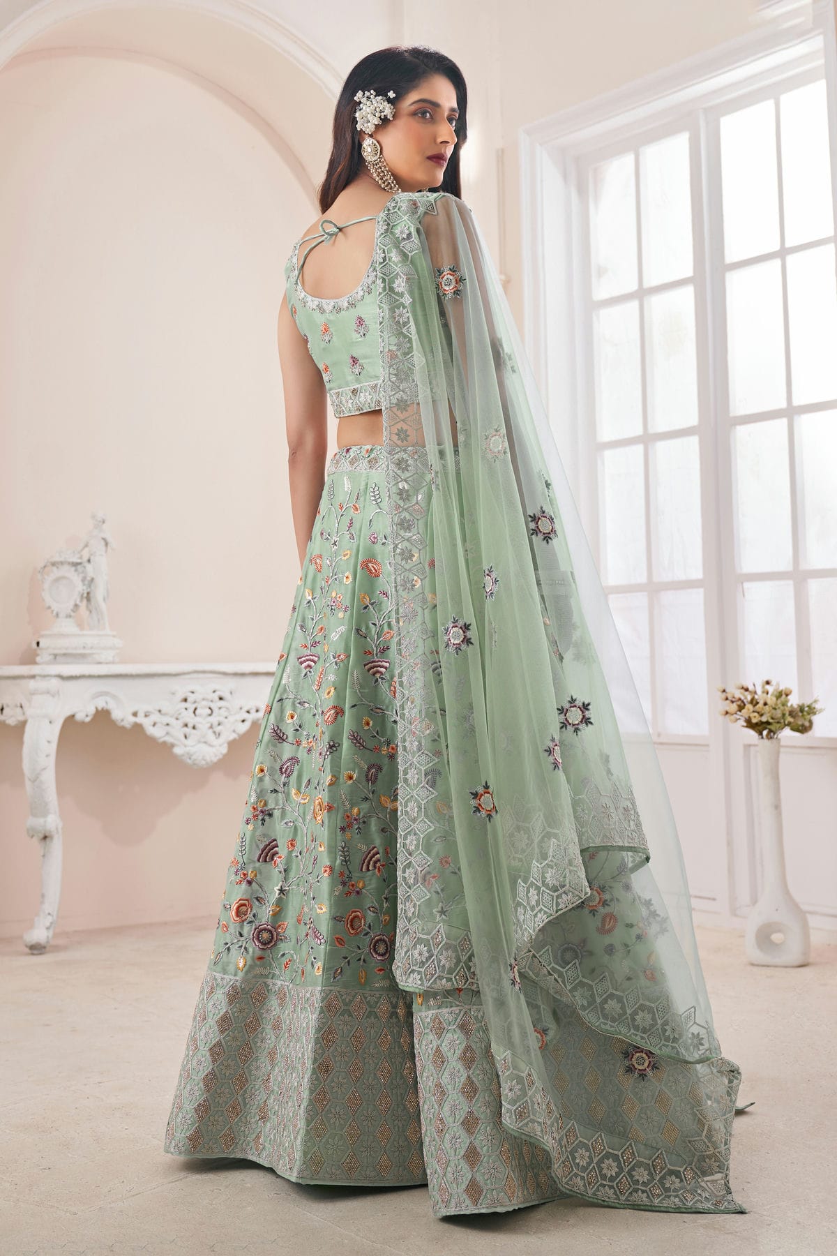 Pastel Green Colour Embroidery Art Silk Lehenga Choli VSLD1080837